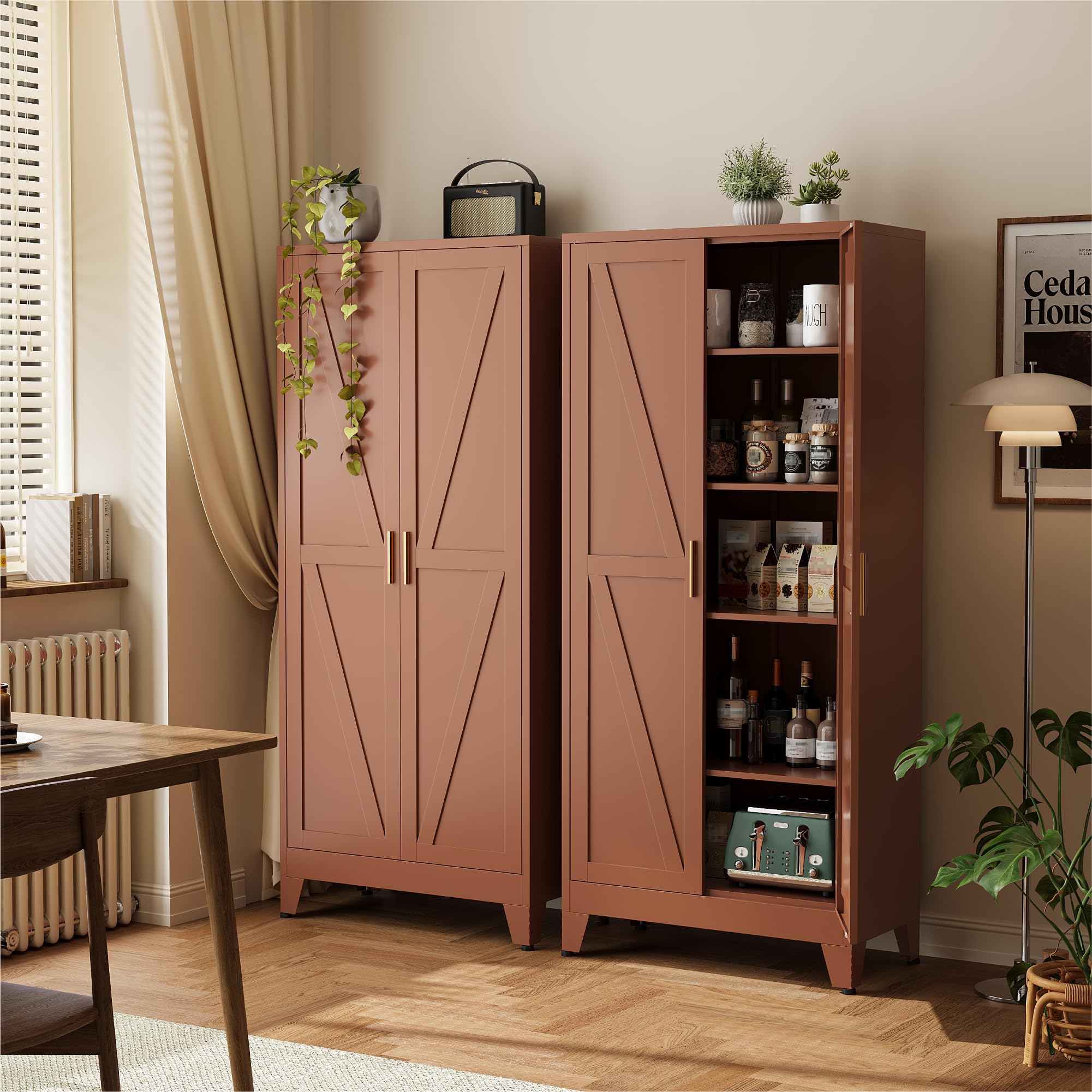 COFaR 71" Metal Pantry Cabinet in Brown, 5-Tier Storage with Adjustable Shelves, Metal-Tone Cupboard for Kitchen, Office &amp; Living Room Organization
