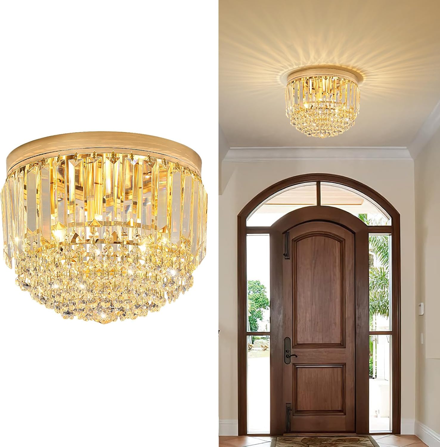 YMP&YZX Modern 3-Lights Crystal Chandelier French Gold,11.8" Semi Flush Mount Crystal Ceiling Light LED Round Chandelier Light E12 Base for Bedroom Living Room
