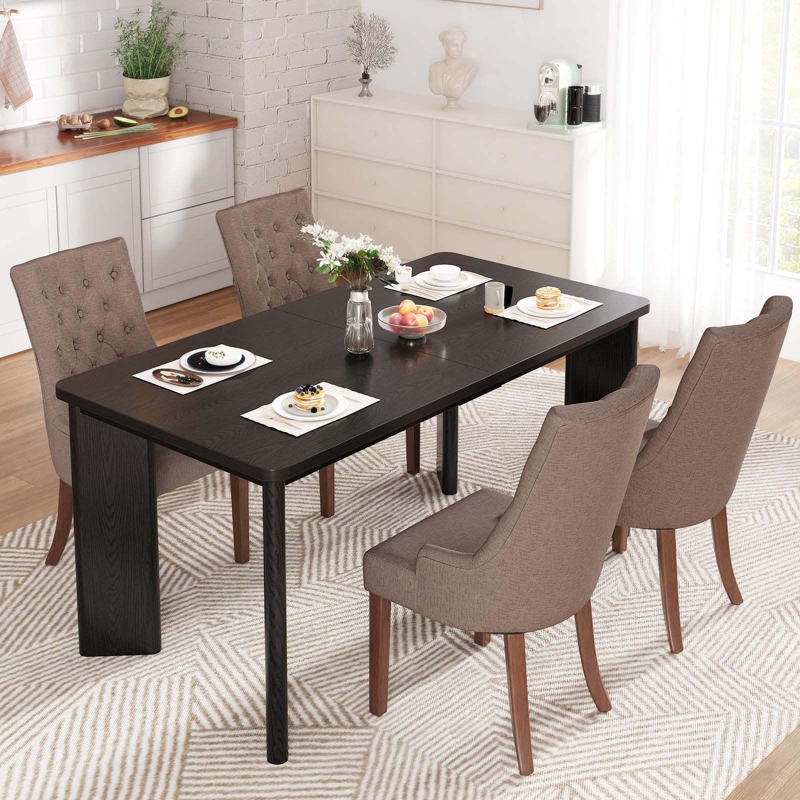 MALOL 5-Piece Rectangular Dining Table Set for 4, 63" Industrial Kitchen Table with 4 Tufted Parsons Dinner Chairs for Dining Room, Kitchen, Living Room, Black+Camel