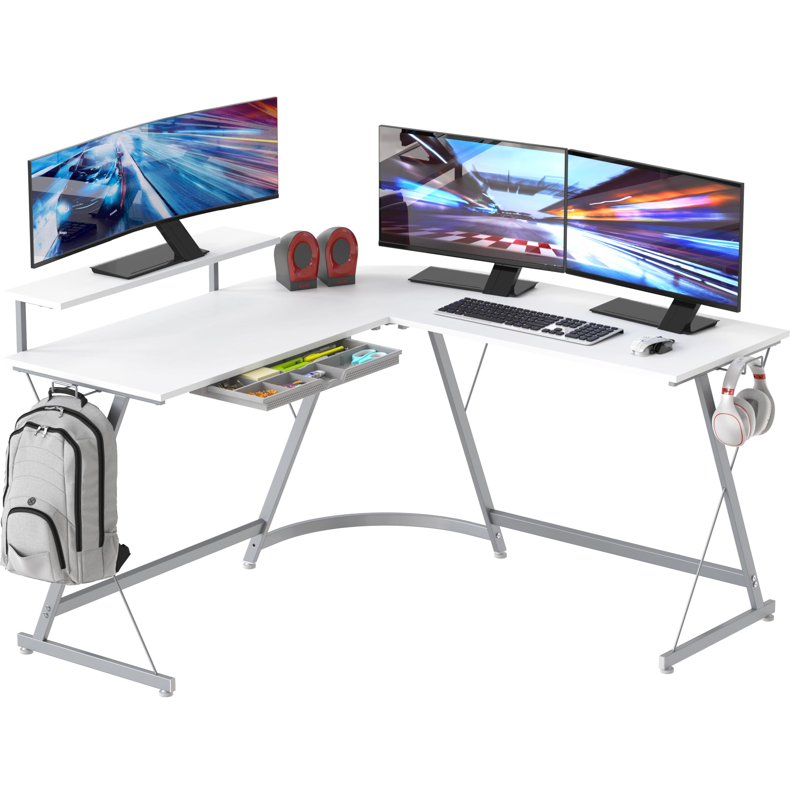 SHW 51 x 51 L-Shaped Corner Desk w/Monitor Stand and Drawer, White