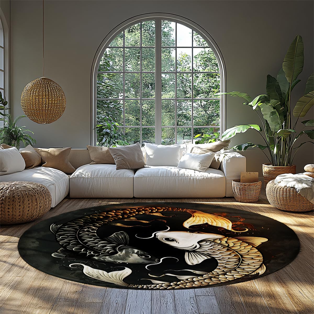 Japonais Carpe Round Carpette 100cm Lit Koi Poisson Graphique Abstrait Motif Art Lavable antidérapant résistant Tache Fin Salle Manger Circulaire véranda Tapis