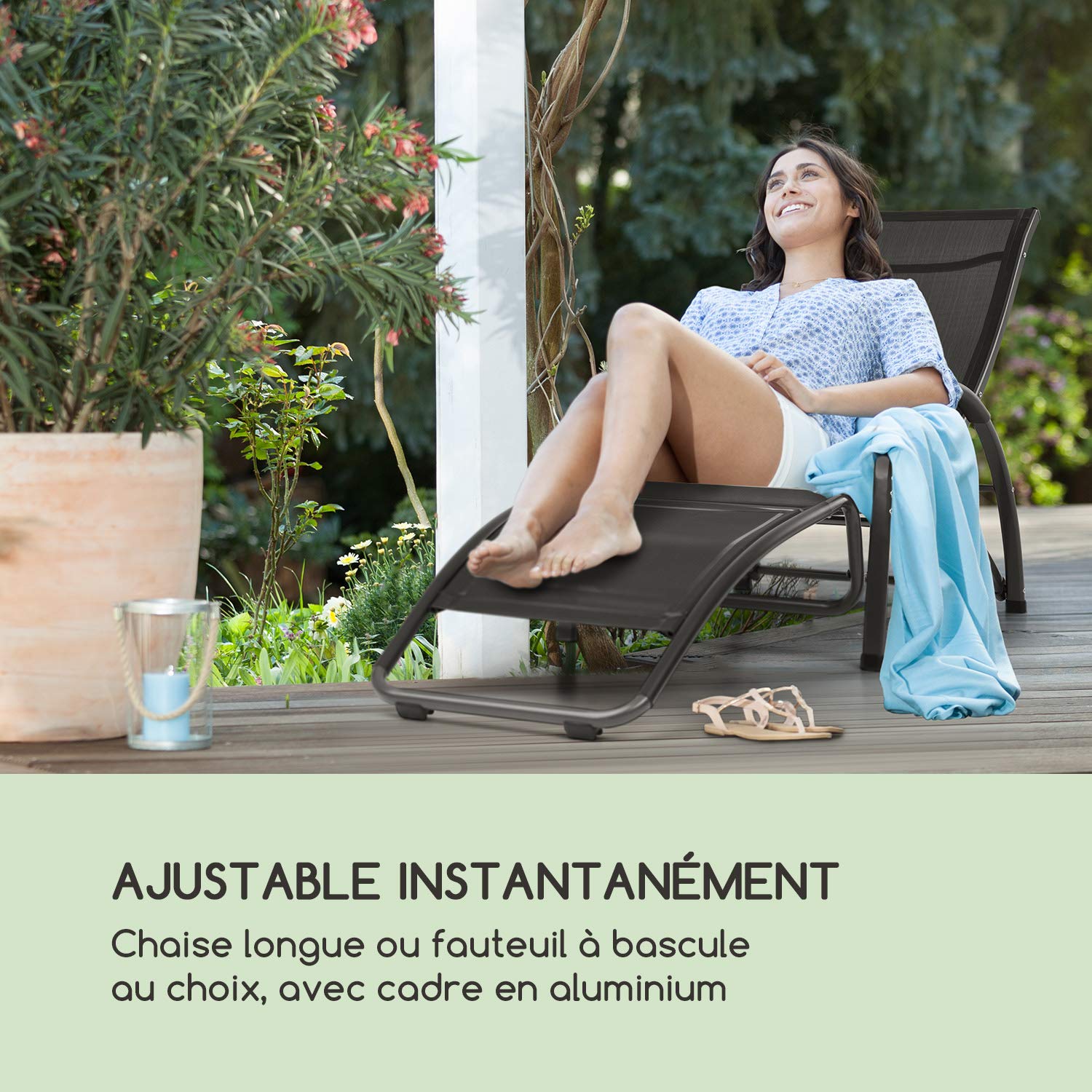 blumfeldt Beverlywood - Chaise Longue, Fauteuil à Bascule, Facile à Nettoyer, Cadre en Aluminium, Design Ergonomique, Comfort Mesh Respirant, 4 Positions, Noir