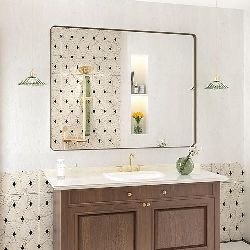CHARMOR - Espejo rectangular para pared de baño de 40x30 pulgadas con marco de metal cepillado color bronce, espejo moderno de tocador con esquinas