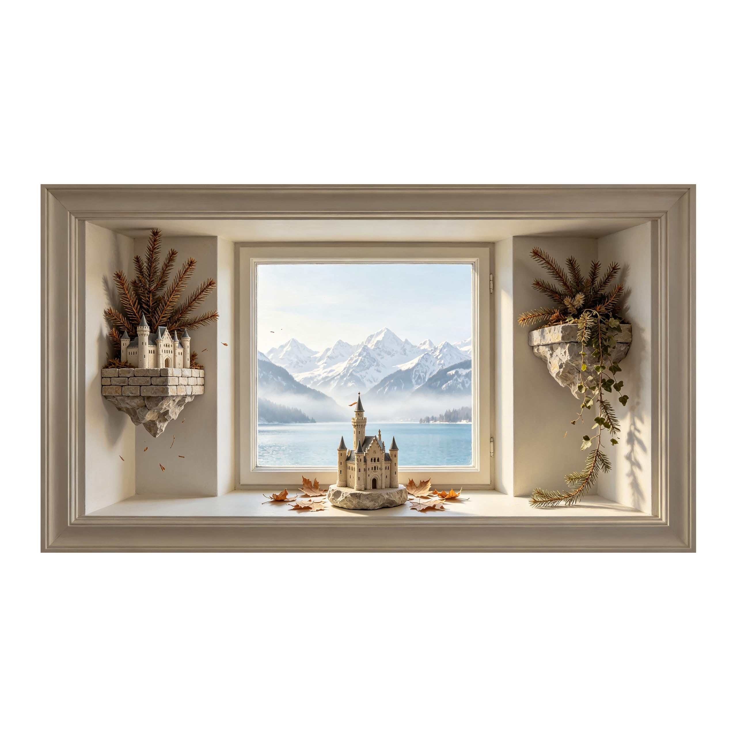 Yzpallescene Art260711134 3D Framed Wall Art Alpine Lake Castle Window View Scandinavian Large Size Selfadhesive Removable Wall Decor Prints Artwork For Living Room Bedroom Office