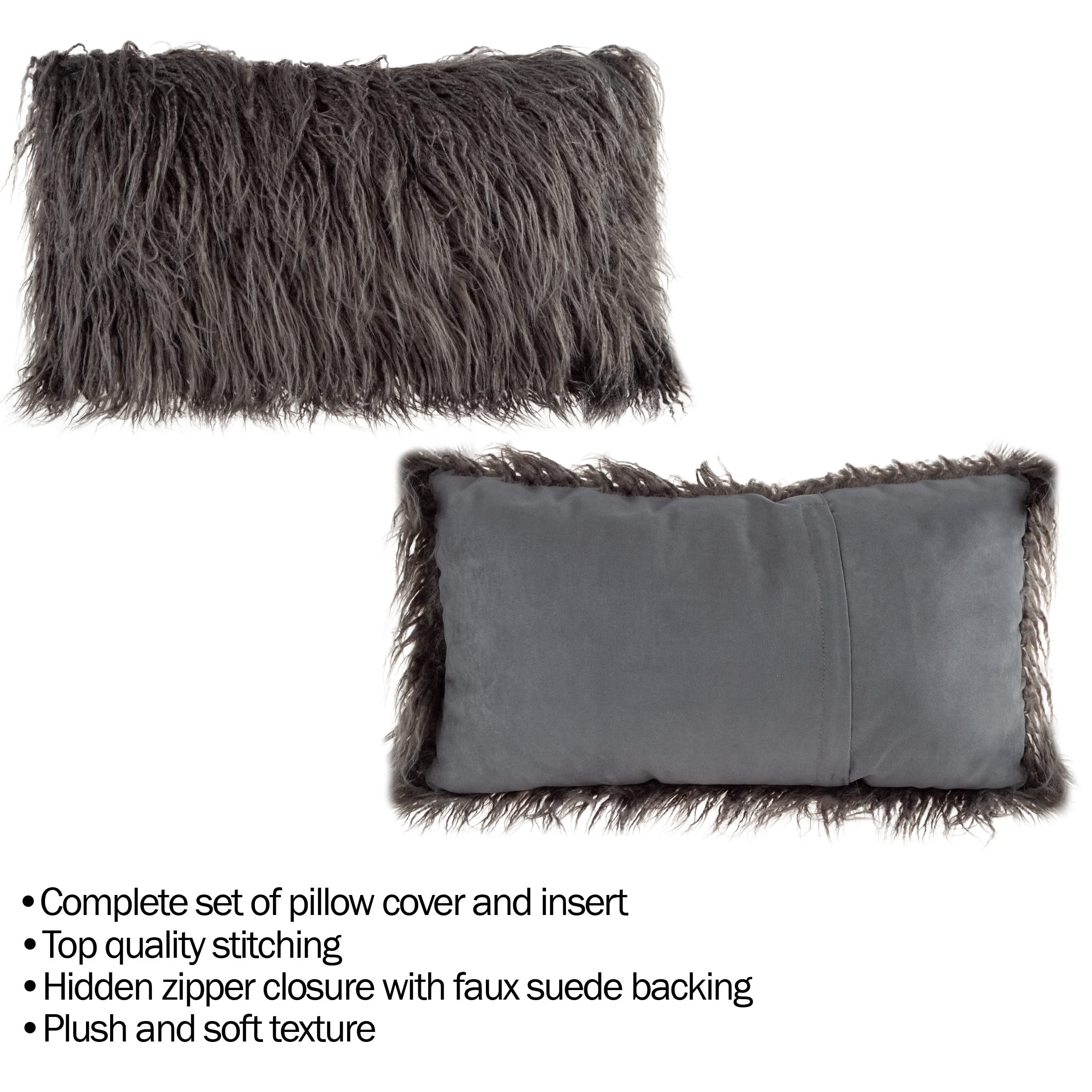 Lavish Home (Almohadas lumbares de felpa de piel sintética gris de 12 x 20 pulgadas, paquete de 2 rellenos de almohada decorativos y funda de pelo largo para dormitorio, sala de estar u oficina, 12 x