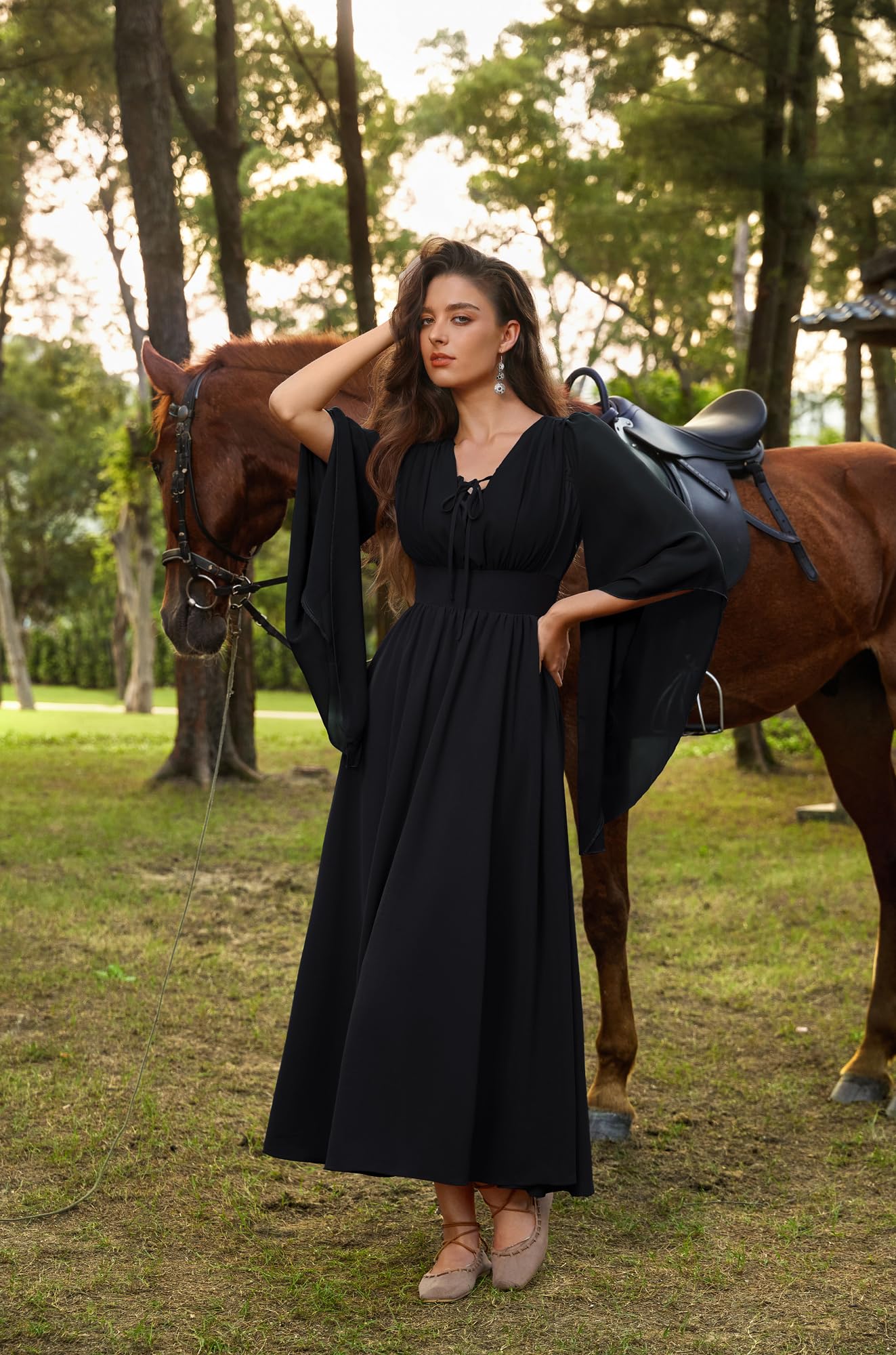 SCARLET DARKNESS Vestido medieval para mujer, con cordones, mangas acampanadas 3/4, abertura frontal, vestido largo renacentista