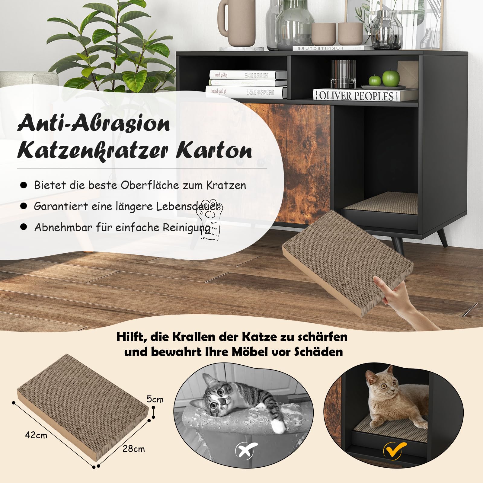 GOPLUS Katzenschrank aus Holz, Katzentoilette mit Doppeltüren, 2 Fächern & Kratzpad, Katzenklo Schrank für Innenkatzen, Hunde Haustier, 90 x 50 x 70 cm, Braun+Schwarz