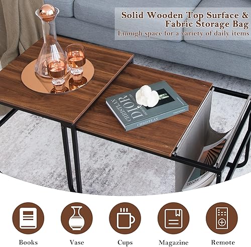 Miniatura 5 de Giantex Juego de 2 mesas auxiliares apilables con bolsillo lateral, mesita de noche acentuada, mesa auxiliar industrial con marco de acero para sala