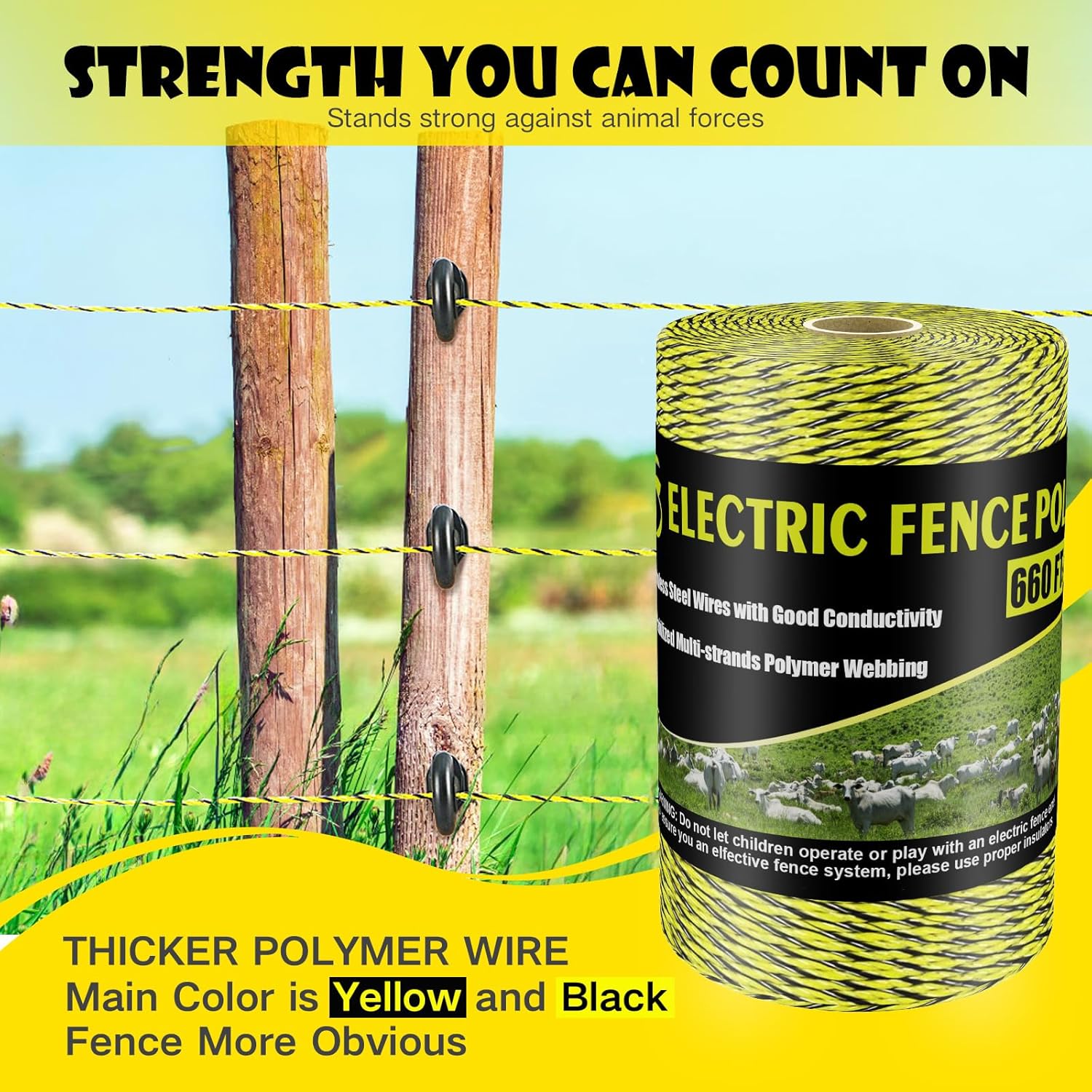 BESTEEL Upgraded Electric Fence Poly Wire 660 Feet 200 Meters, 1/8" Diameter Portable Electric Fencing Polywires, 6 Stainless Steel Strands for Reliable Conductivity and Rust Resistance UV Resistant