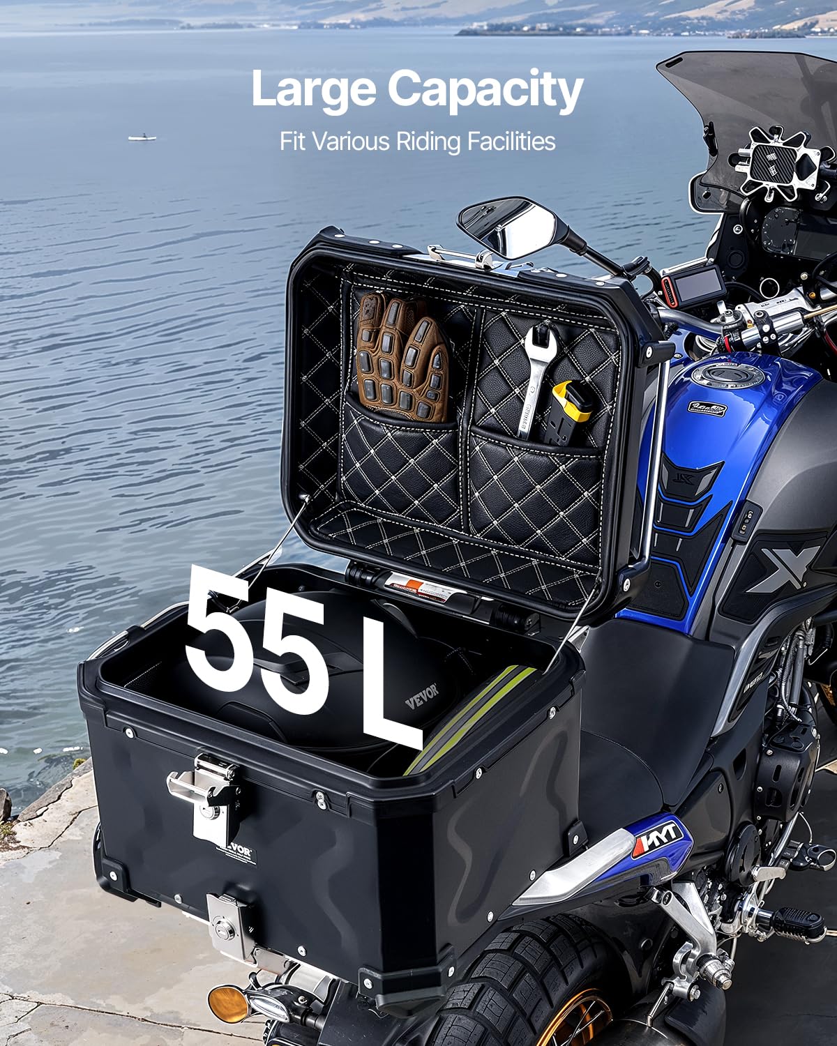 VEVOR Top Case pour Moto 55 L, Valise Porte-bagages Universel en Alliage d'Aluminium avec Doublure en Cuir, Coffre Arrière de Moto Amovible et Étanche, avec Serrure et Coussin de Dossier, pour Scooter