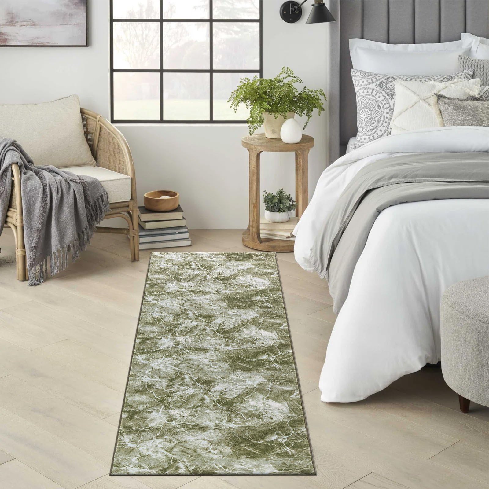 renoazul® Non Slip Hallway Runners With Gel Backing - Marble Rug - 60 x 220 cm - Green - Washable Low Pile Rug, Carpet Runner - Ideal For Living Room, Bedside, Lounge.