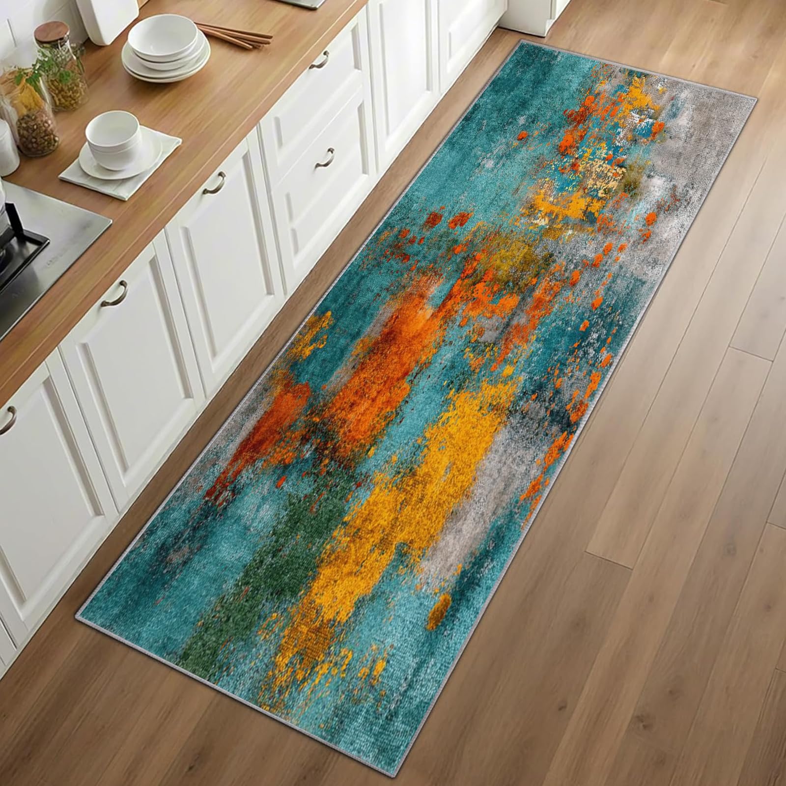 Rustic Cabin Modern Abstract Runner Rug for Entryway 60x120cm Turquoise Teal Carpet Runner, Vintage Neutral Long Narrow Rug, Washable Non-Slip Carpet for Kitchen Hallway Laundry