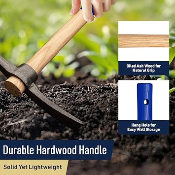 16 Hand Pick Axe - Forged Steel Pickaxe for Digging, Loosening Soil, or Weeding Tool - Dual Headed Adze Garden Hoe and Pick Mattock Digging Tool with Wood Handle by Kings County Tools