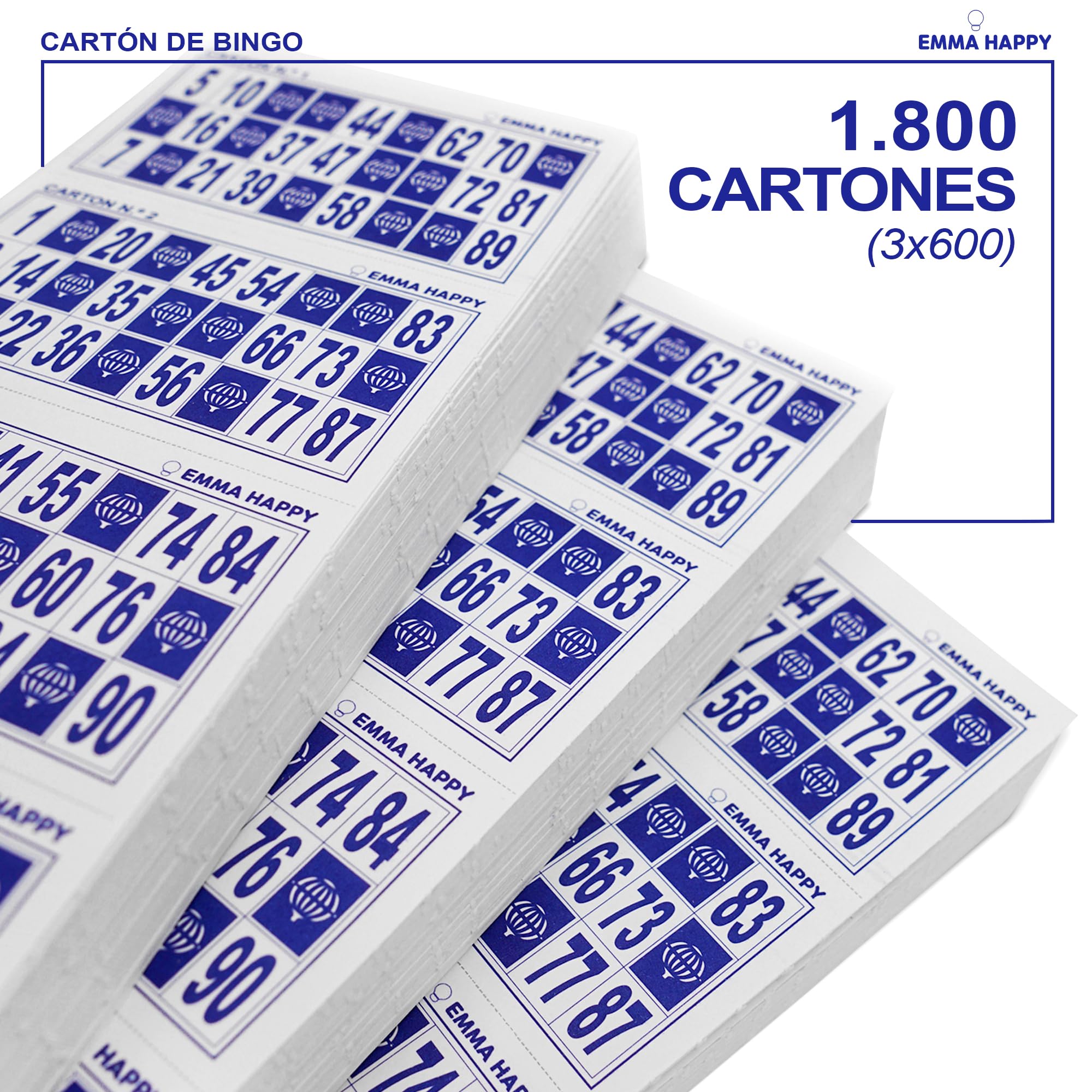 Cartones de Bingo Azules 90 Bolas – 1800 Unidades (3x600) Numeradas 1 al 90 + 10 Bolígrafos Azules – Bingo Tradicional en Cartón para Fiestas, Residencias y Asociaciones