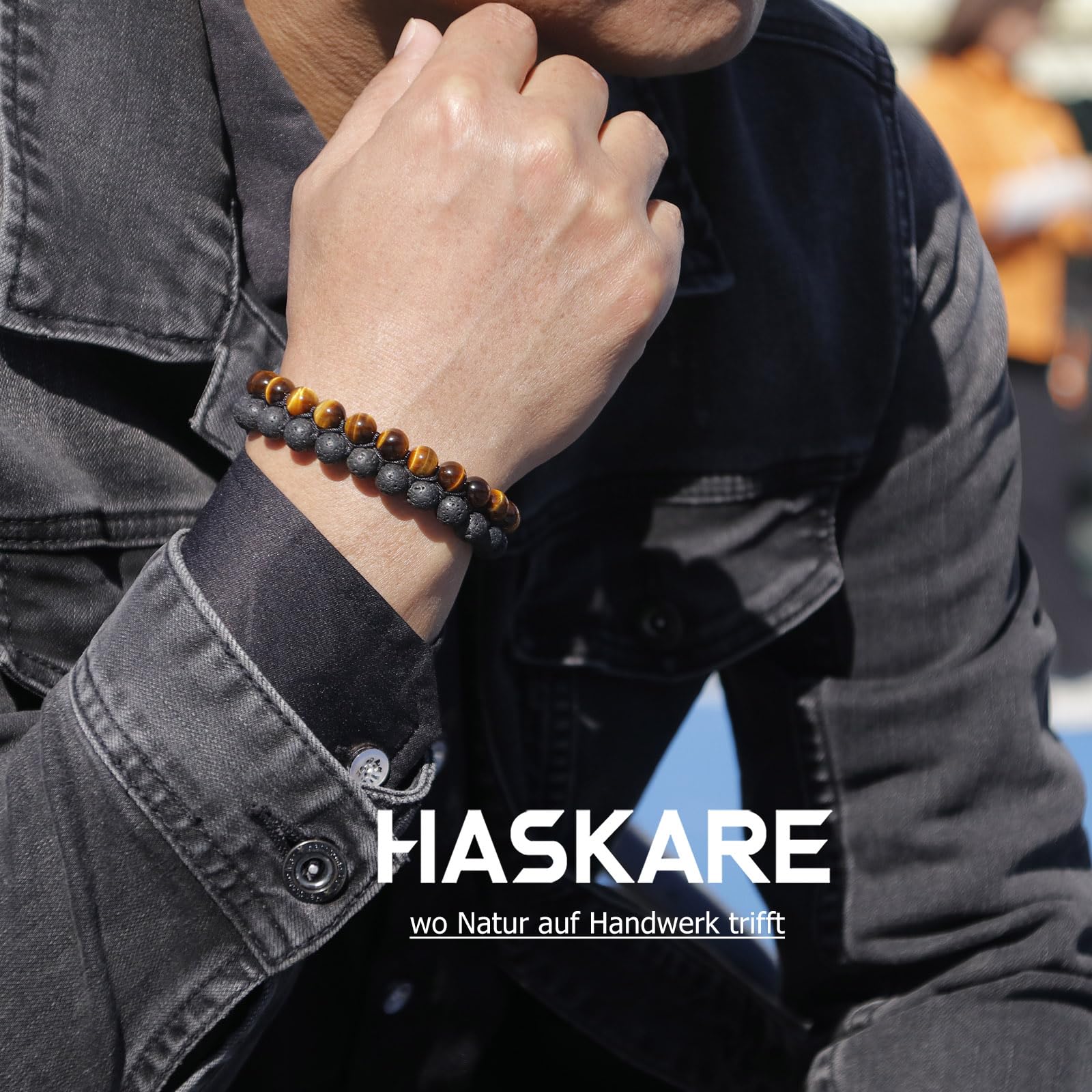 HASKARE Edelstein Armbänder Tigerauge Armband Herren Perlen, Hochwertiges Schmuck Kristall Armband Herren Naturstein Tigerauge Lavasteine Doppelte Armbänder 8MM, Heilende Geschenk für Männer