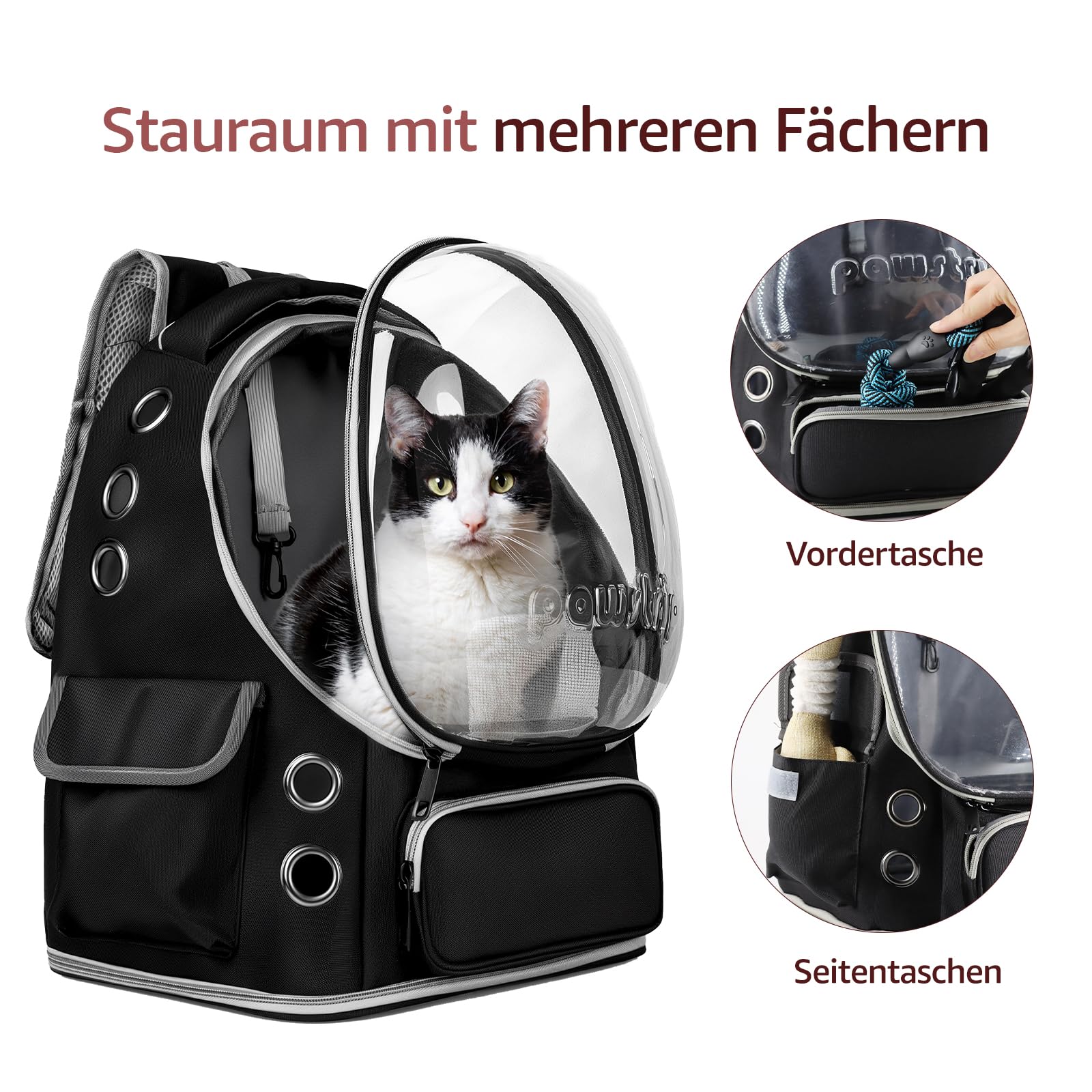 Katzenrucksack mit großem Raumkapsel-Fenster, flugzugelassene atmungsaktive Haustiertasche für kleine Hunde & Katzen bis 6,8kg (15lbs), faltbar für Reisen Wandern & Outdoor(Schwarz)