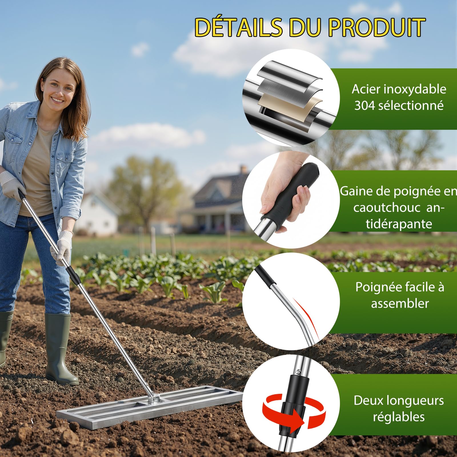 YODOLLA Râteau de Nivellement de Pelouse 102×25cm, Niveleur de Gazon Professionne Outil de Nivellement pour Jardin, Golf - Argent