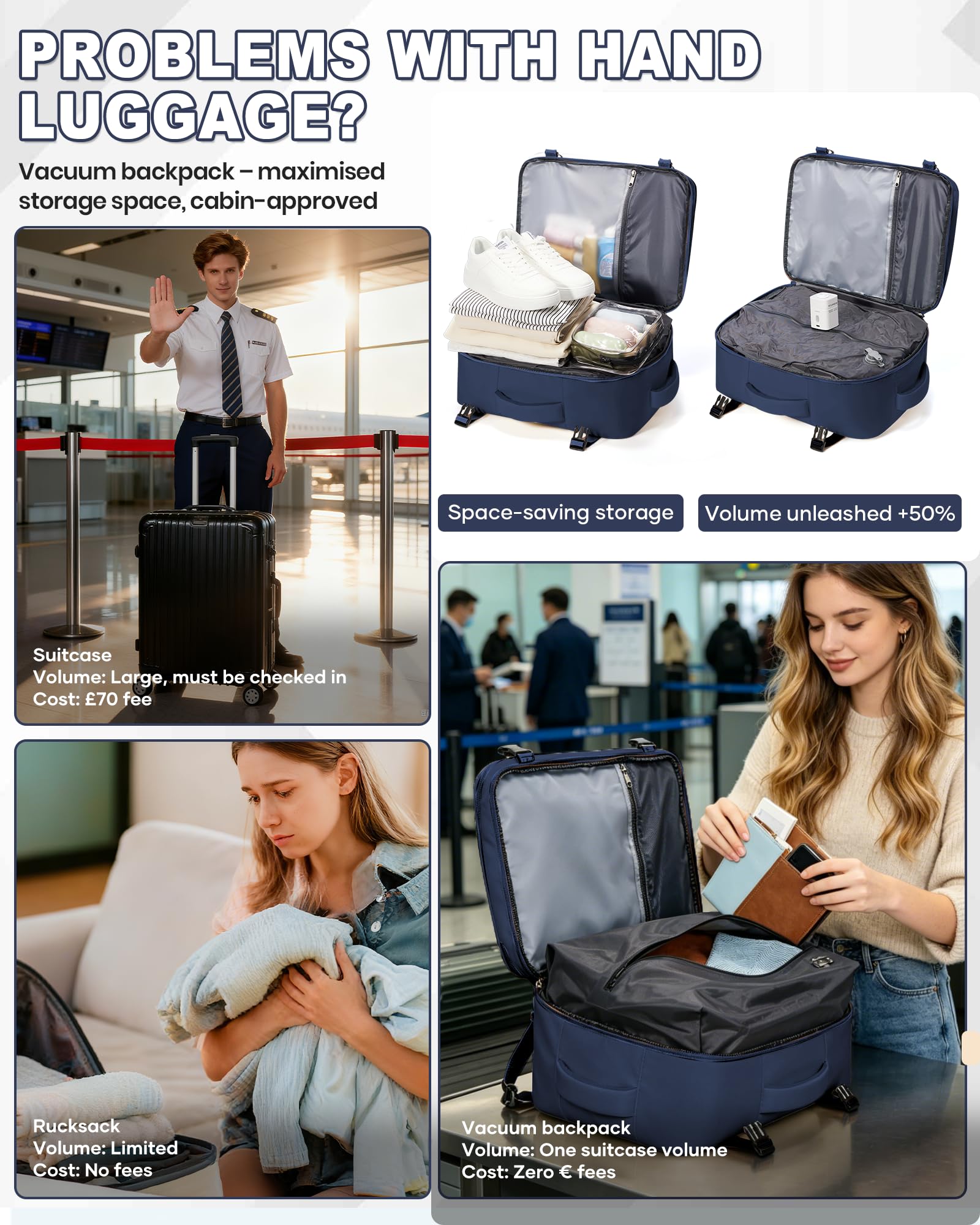 SZLX Plecak Próżniowy Bagaż Podręczny Dla Kobiet, Plecak Z Poduszką i Systemem Próżniowym Do Podróży, Plecak Podróżny Ryanair W Rozmiarze Kabinowym Z Pompką, Wodoodporna Walizka Próżniowa Dla Mężczyzn