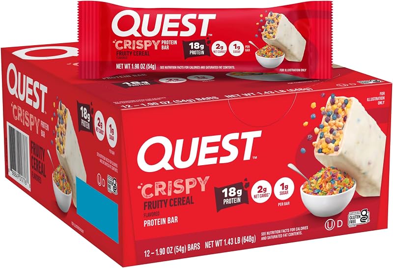 Barra de proteína crujiente Quest Nutrition, cereal afrutado, 18 g de proteína, 12 unidades | 1 g de azúcar, 2 g de carbohidratos netos, 6 g de fibra, centro crujiente con cobertura de chocolate blanco, proteína de alta calidad, barras individuales de 1,9 oz