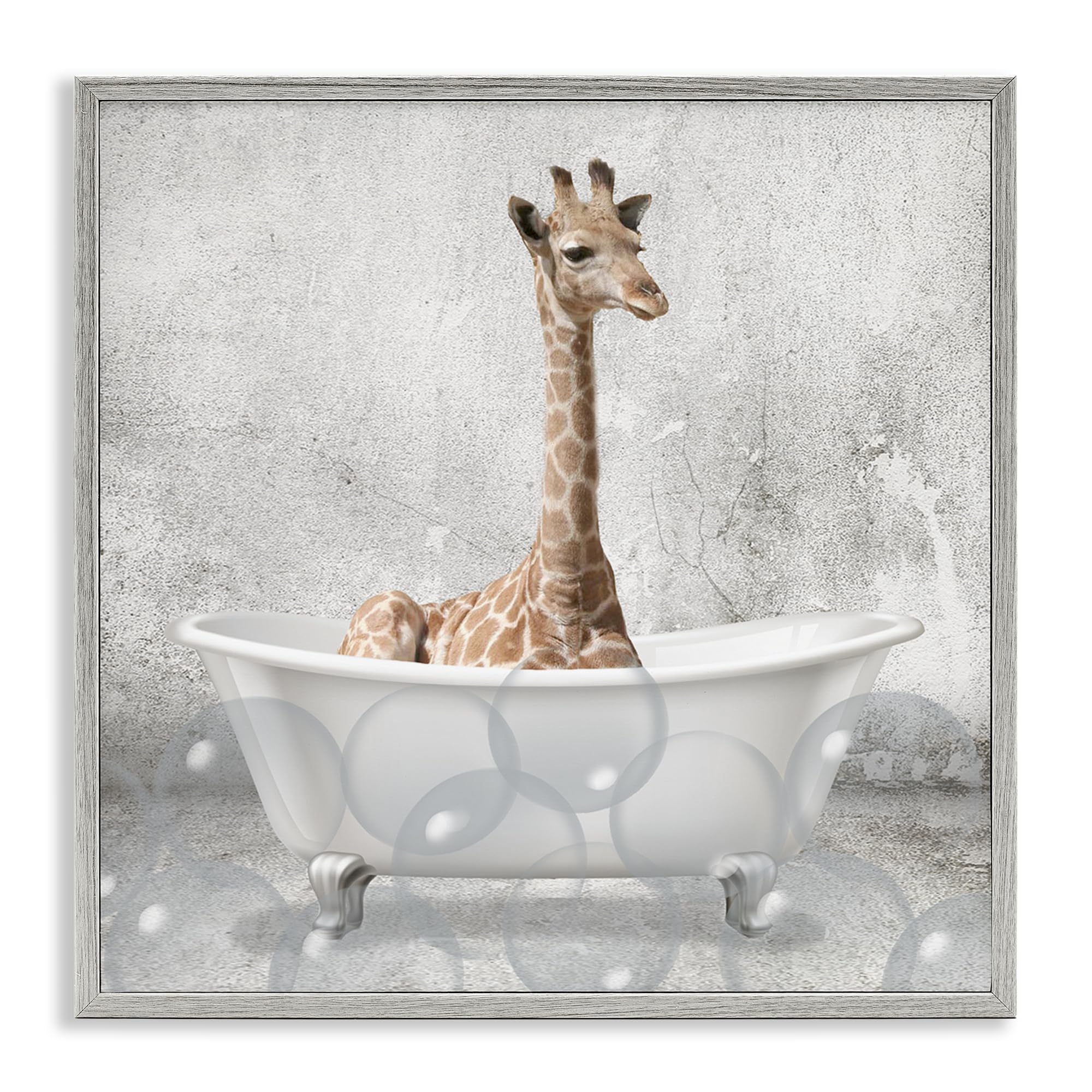 Baby Giraffe Bath Time Nursery, 17 x 17 Inch Framed Giclée Print