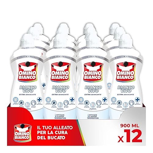 Omino Bianco - Additivo Sbiancante Bianco Vivo Gel Lavatrice, Azione Extra Sbiancante e Igienizzante, Specifico per i Tessuti Bianchi, 900 ml x 12 Pezzi