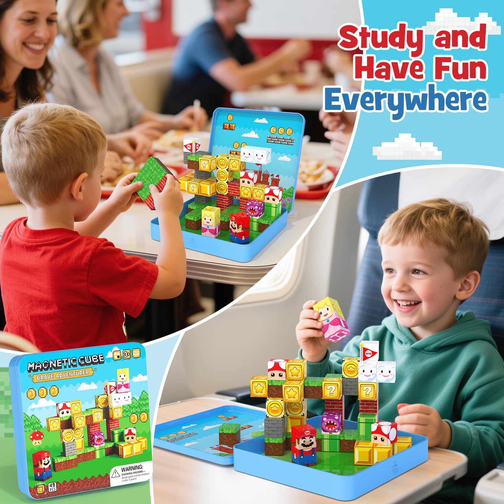 Set di giochi da viaggio a blocchi magnetici, gioco cubo di costruzione magnetica da viaggio 49PCS per bambini dai 3 anni in su, costruzioni STEM che impilano giocattoli magnetici