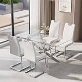 5-Piece Dining Table Set for 4, Modern Rectangular Glass Table with 4 Upholstered Leather Chairs, Space-Saving Dining Room Furniture Table & Chair Sets for Small Spaces&Apartment(White&Silver)