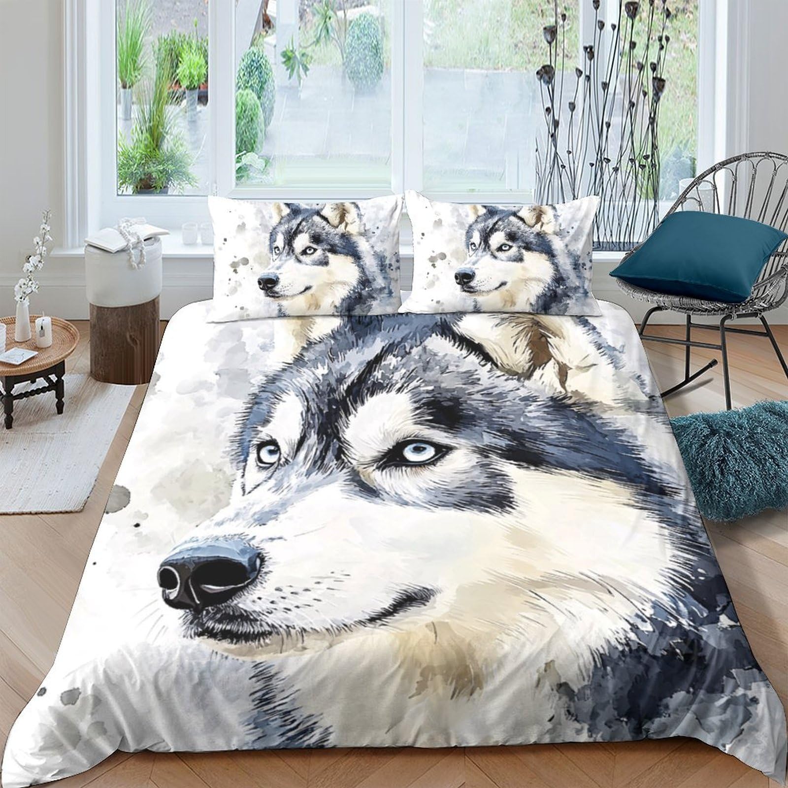 Ctjqhvkz Style-10 3D Printed Husky Wolf Fitted Sheet Microfiber Soft Grey Animal Art Bed Sheet For Bedroom Guest Room Mattress Protection Single（135X200cm）