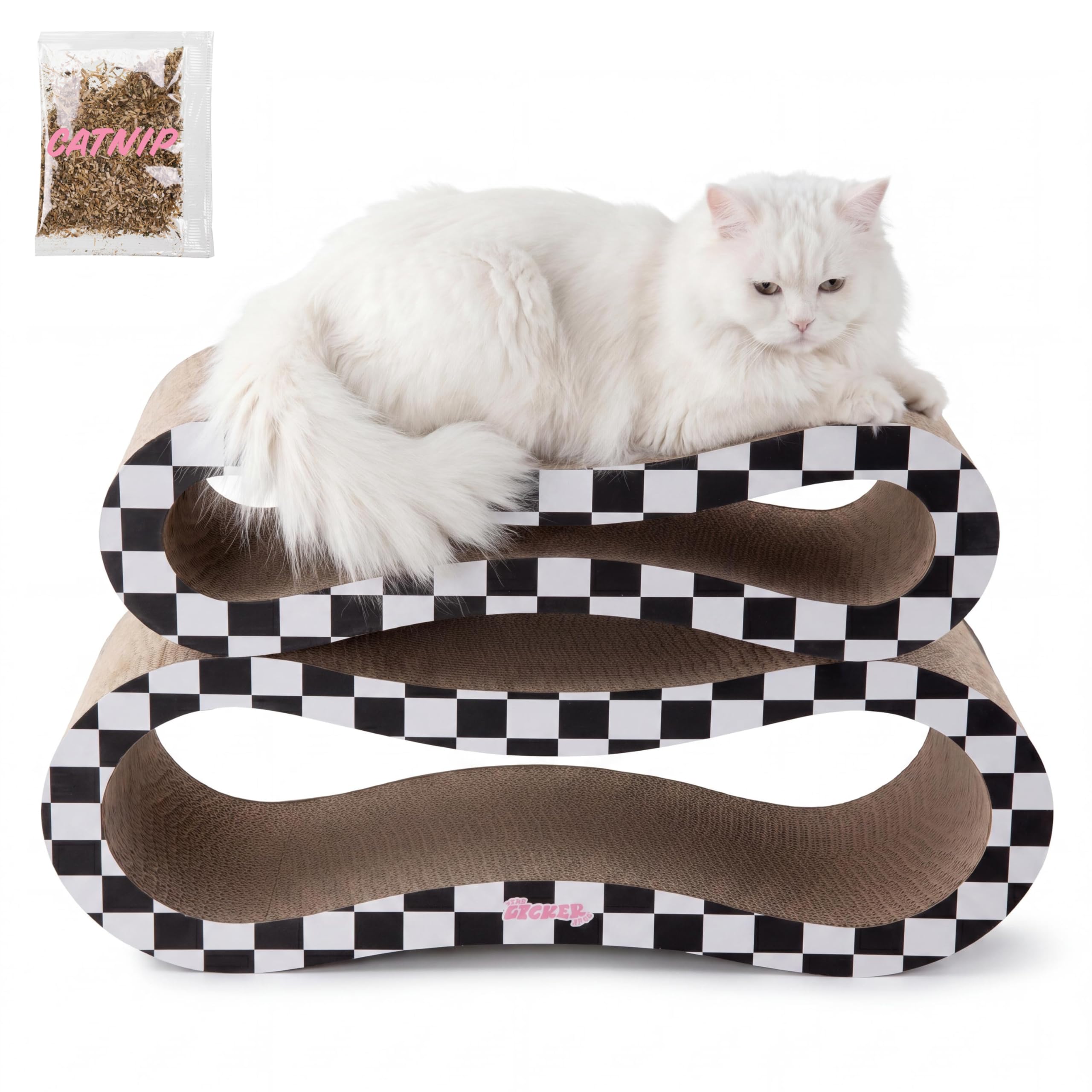 THE LICKER Store Suvi 26" Modern Cardboard Infinity 2-in-1 Lounge Bed Cat Scratcher with Catnip, Black/White Checker, Corrugated Scratching Surface and Tunnel CSR1014K