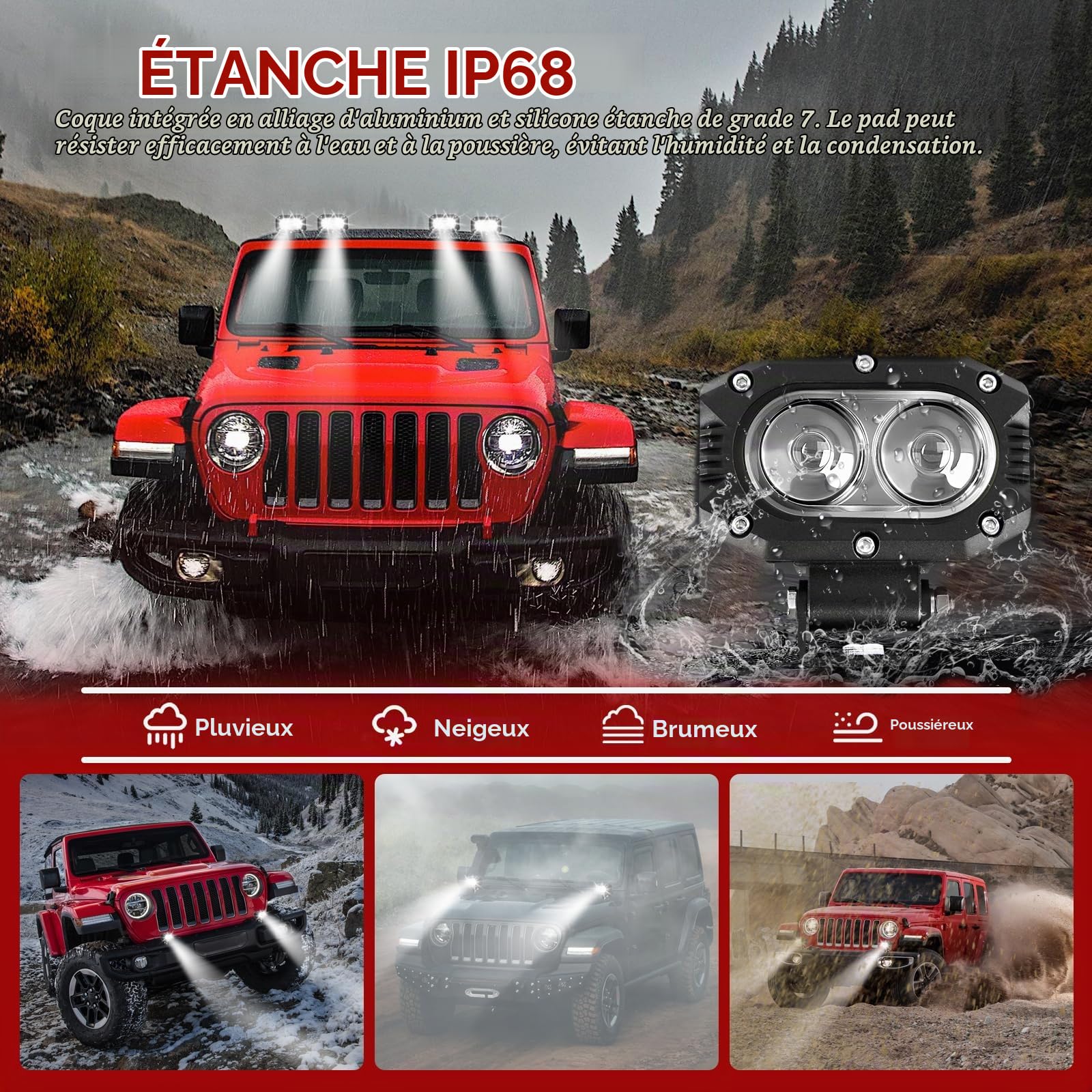DREAMIZER LED Phare de Travail 4 Pouces 48W 8000LM Feux Additionnels Longue Portée Phares Antibrouillard LED Puissants Compatible avec UTV/Bâteau/Caravane/Moto/Voiture/4x4/SUV/Camion/Tracteur