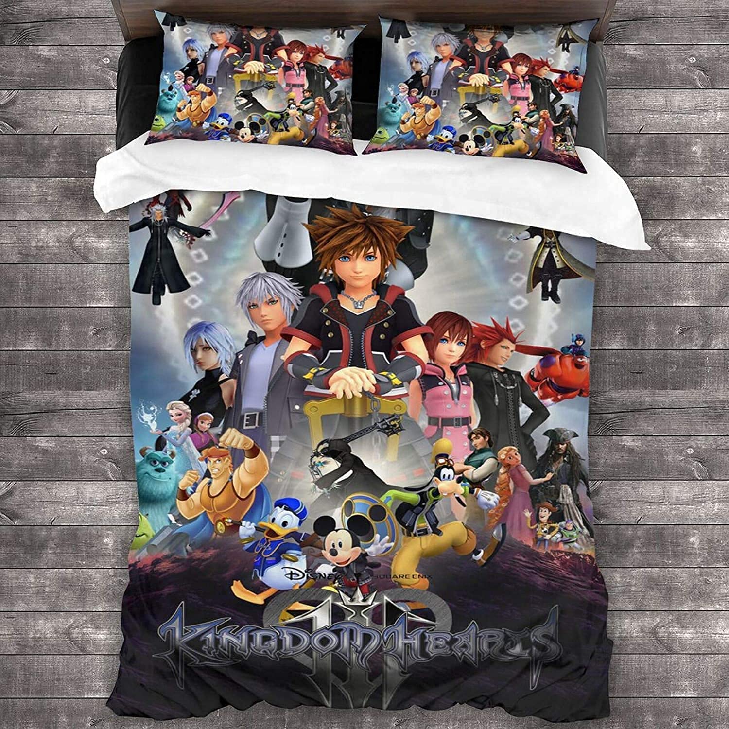 NICHIYOBI Kingdom Hearts Sora Riku Kairi Duvet Cover Bedding Set - Duvet Cover and Pillowcase, Microfibre, 3D Digital Print Three-Piece Bedding (9, Double 200 x 200 cm)
