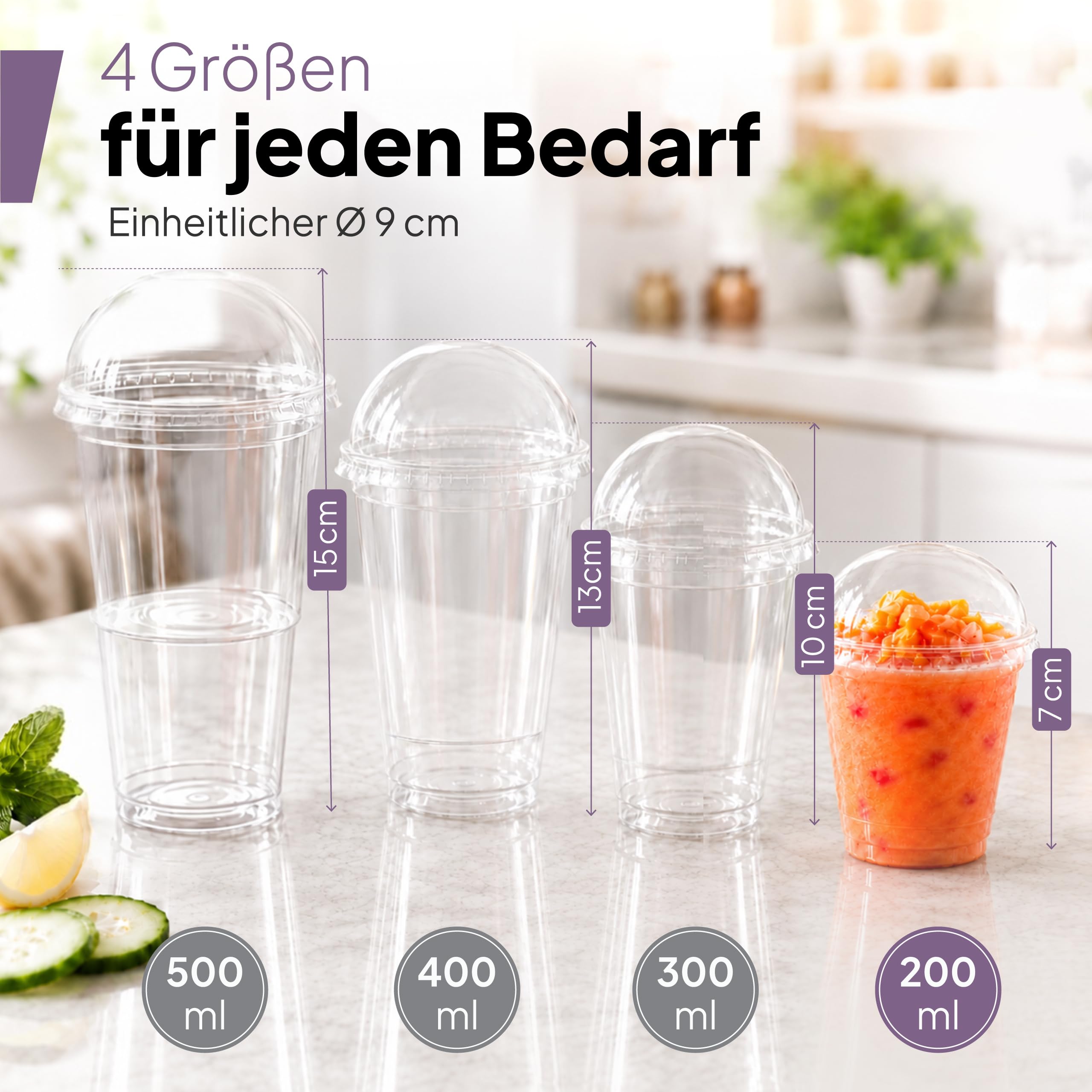 Inoverse Juego de 800 vasos para batidos, 200 ml, con tapa | Taza de postre, taza de café helado, transparente R-PET, apertura para pajita, ensalada de frutas, yogur y eventos