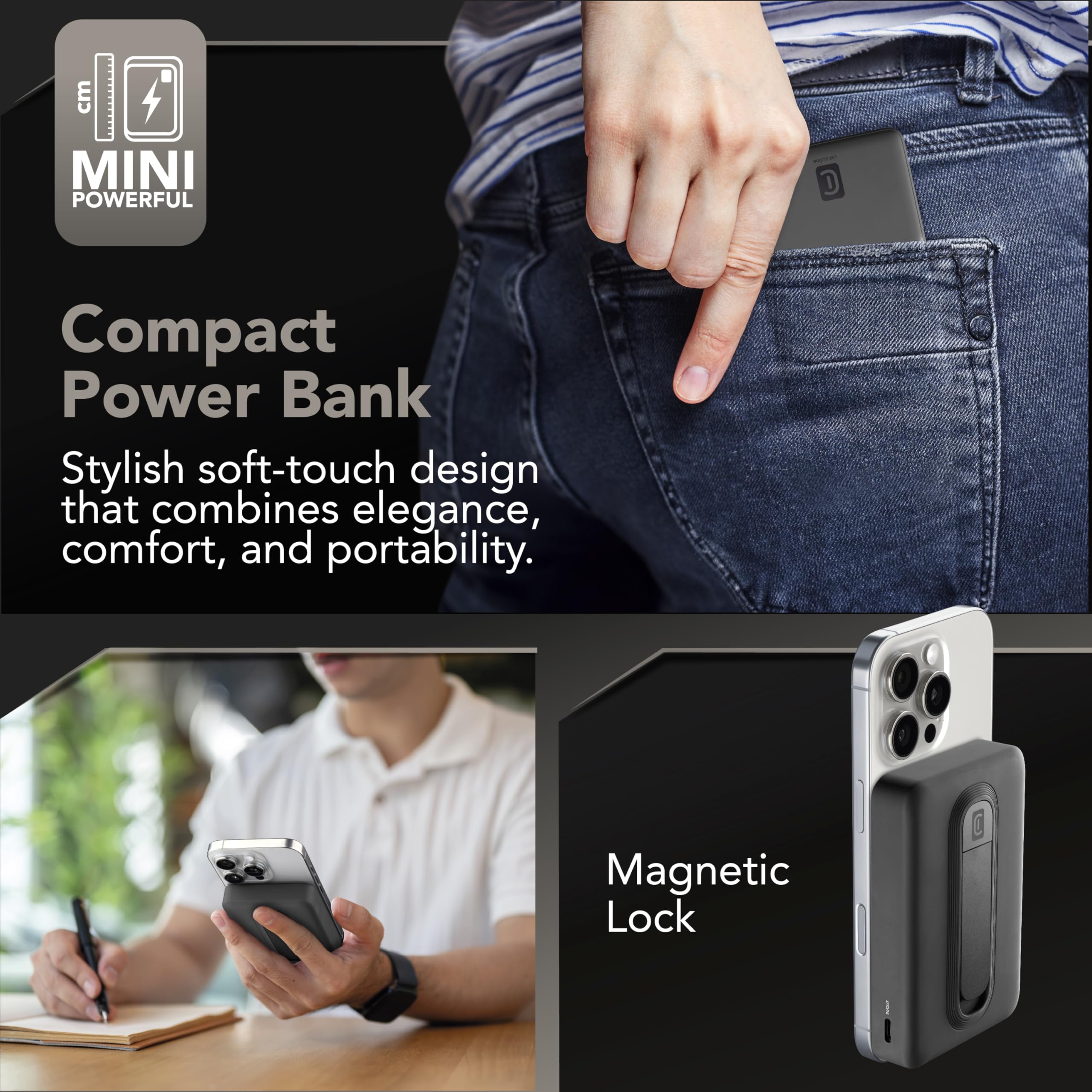 Cellularline Power Bank 10.000 mAh Qi2 15W con Stand Integrato e USB-C 20W – Soft-Touch, Mag Stand - Nero