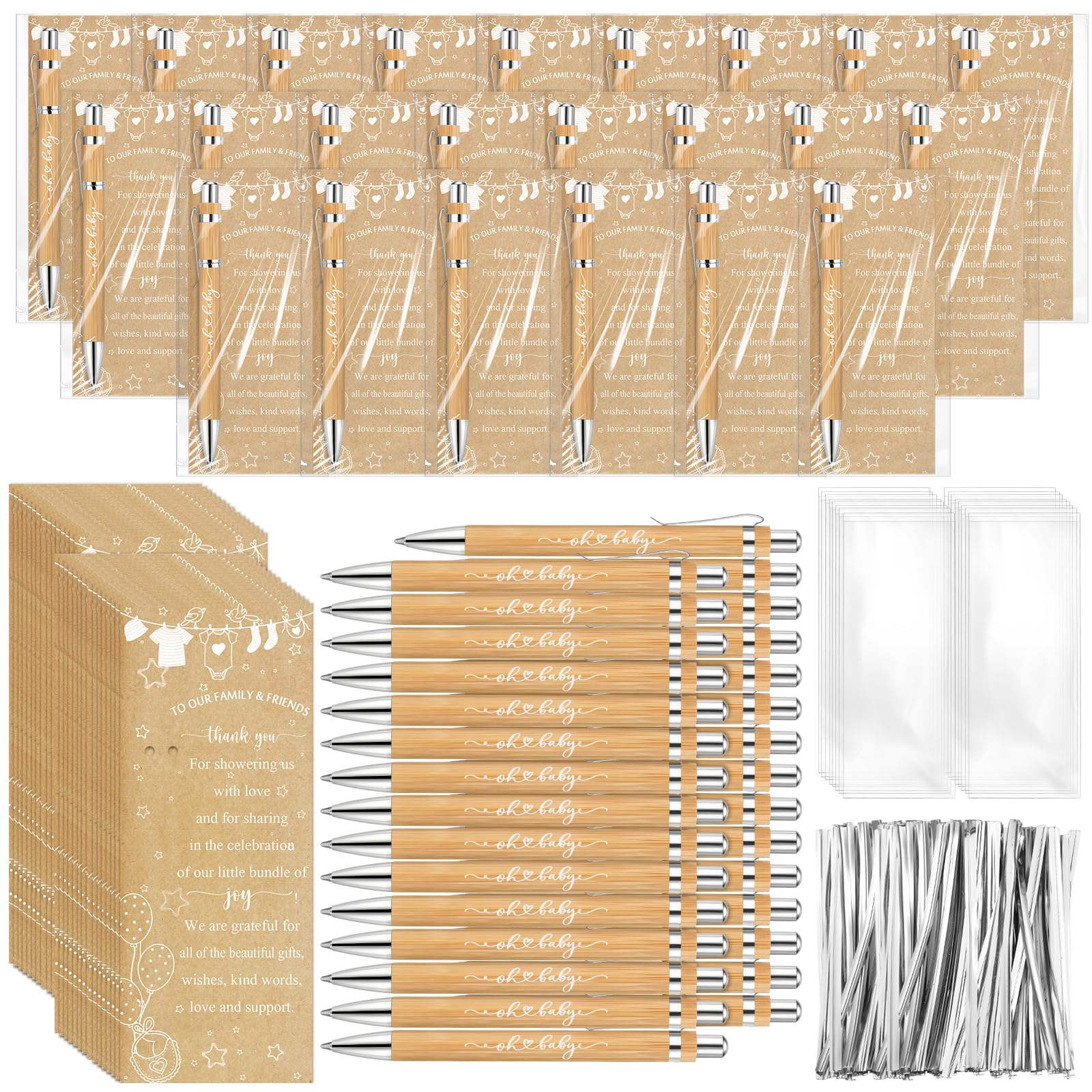 Zhanmai Juego de 72 recuerdos rústicos para baby shower para invitados, incluye 72 bolígrafos de bambú, 72 tarjetas de agradecimiento y 72 bolsas de bambú para baby shower, regalos de devolución para