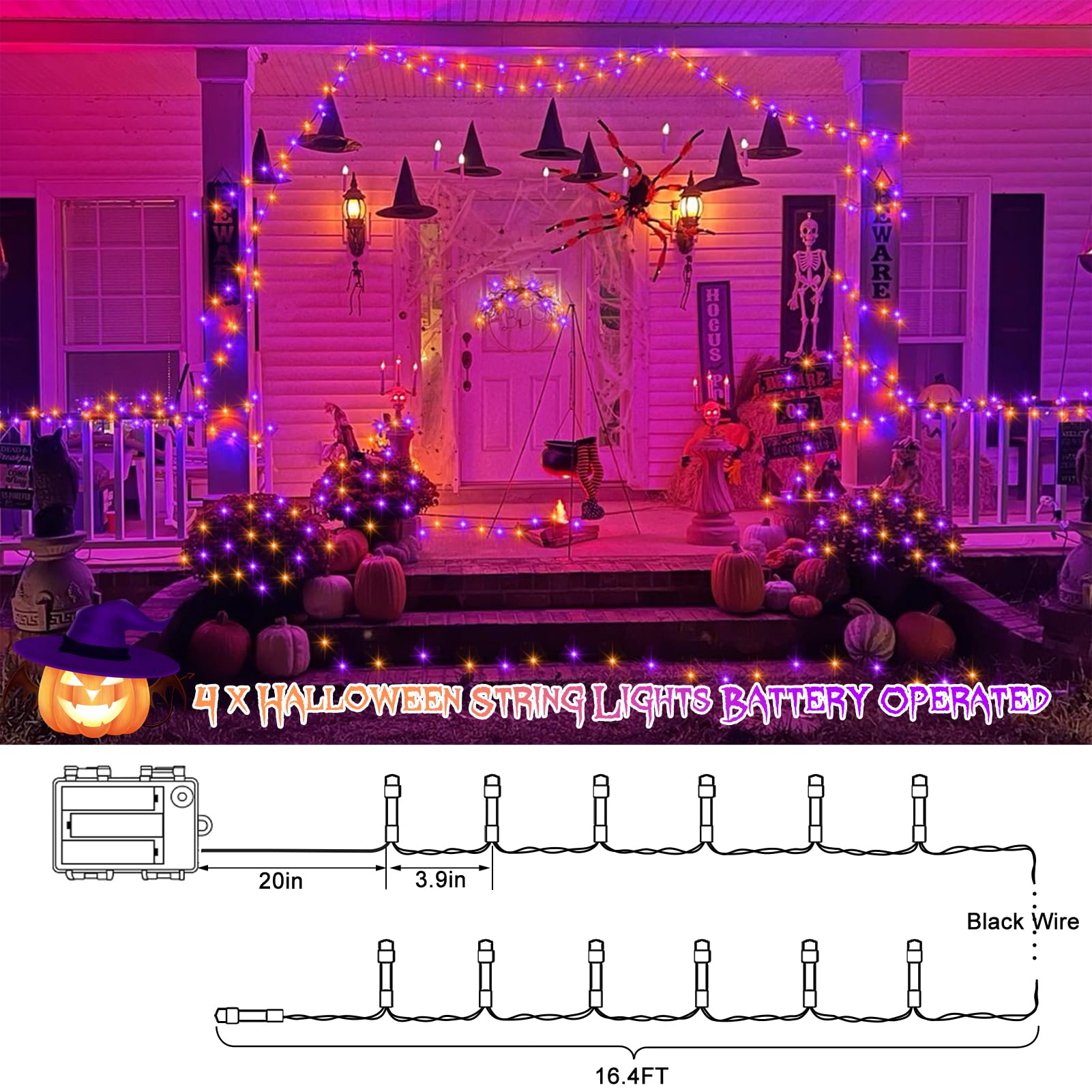 Zestaw 4 fioletowych i pomarańczowych łańcuchów świetlnych na Halloween, 50 diod LED, z timerem, 8 trybów oświetlenia, zasilany bateryjnie, na imprezę, podwórko, patio