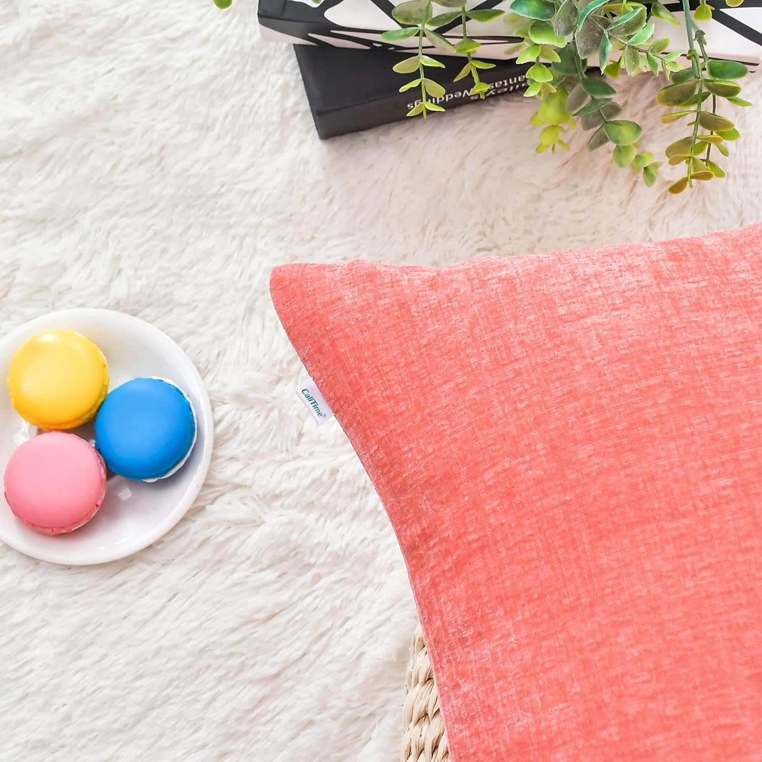 CaliTime Pack of 2 Cozy Throw Pillow Covers Cases for Couch Sofa Home Decoration Solid Dyed Soft Chenille 24 X 24 Inches Living Coral : Home & Kitchen