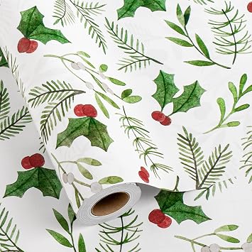 Yarcony Holly Christmas Wrapping Paper Roll - 17 Inch X 33 Feet - Vintage Watercolor Christmas Festive Leaves, Red Berries Neutral White Holiday Gift Wrap Paper for Birthday, Hanukkah and Nature Lover