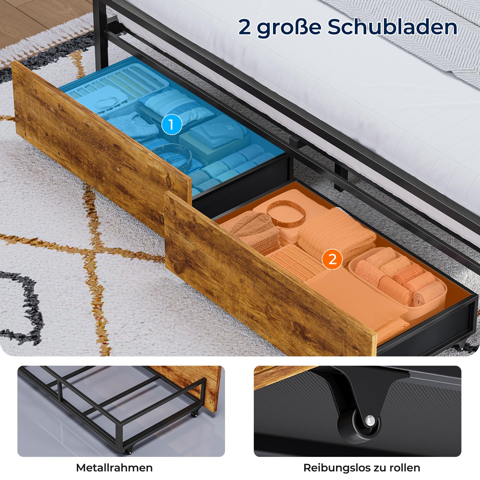 Brinlawb Bett 140x200 mit Stauraum, Lattenrost aus Metall, Bettgestell 140x200 cm mit LED & Ladestation (2 AC-Steckdosen & 2 USB-Anschlüsse), Jugendbett Doppelbett mit 2 großen Schubladen, Grau