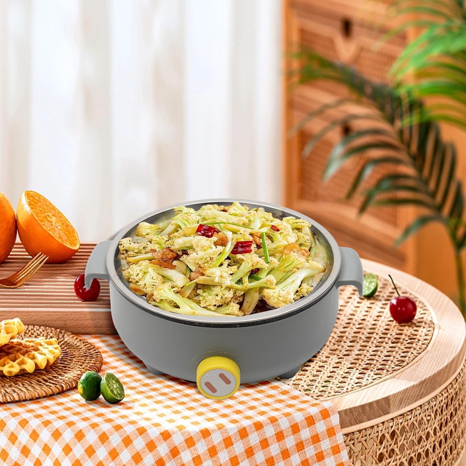 Elektrischer Hot Pot 1.5L mit 2 Dämpfern, Antihaft-Bratpfanne, Reisekocher für Braten/Ramen/Fondue/Suppe, ideal für Wohnheim/Camping/Haus, Überhitzungsschutz, 300W/600W (Grau)