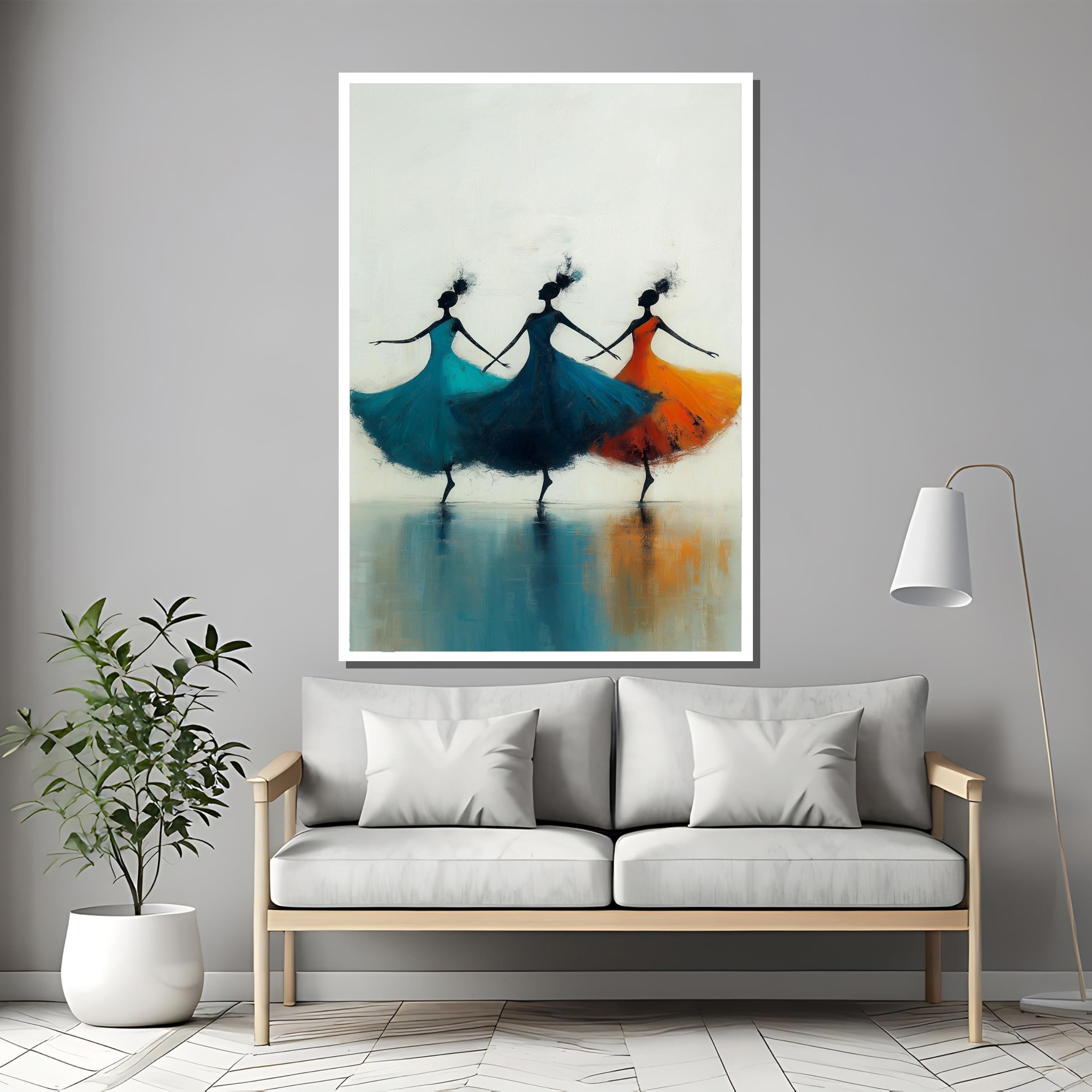 XUEQINART Graceful Dancers Canvas Painting - Trio in Flowing Blue and Orange Dresses, Art for Dance Posters Prints Wall Pictures(21x30cm/Frameless)