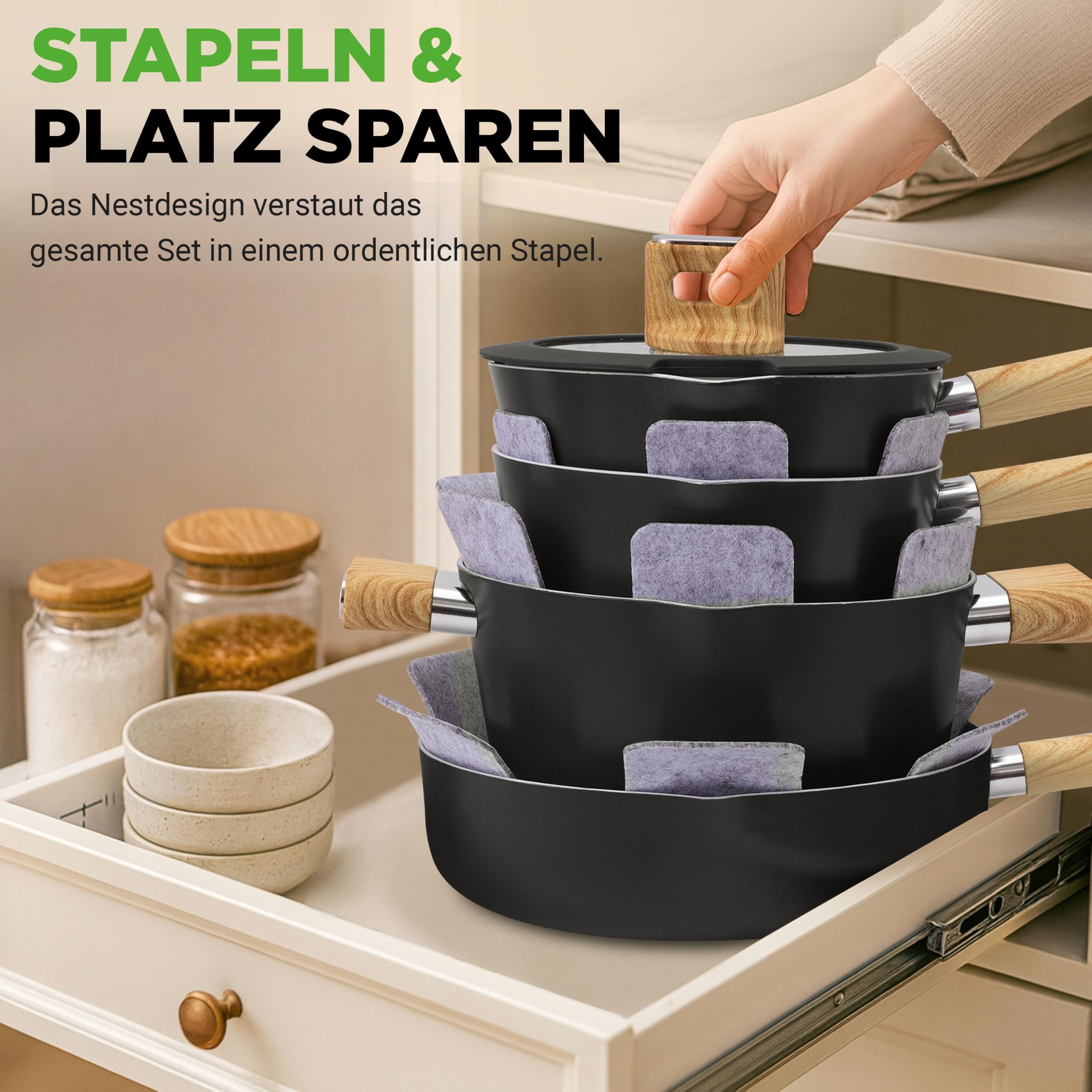 NutriChef Topfset Pfannenset Induktion, 14 Teilig, Schwarz – Keramik Antihaft Kochgeschirr mit Abnehmbaren Klappgriffen, Glasdeckeln, Platzsparender Aufbewahrung und Gleichmäßiger Wärmeverteilung