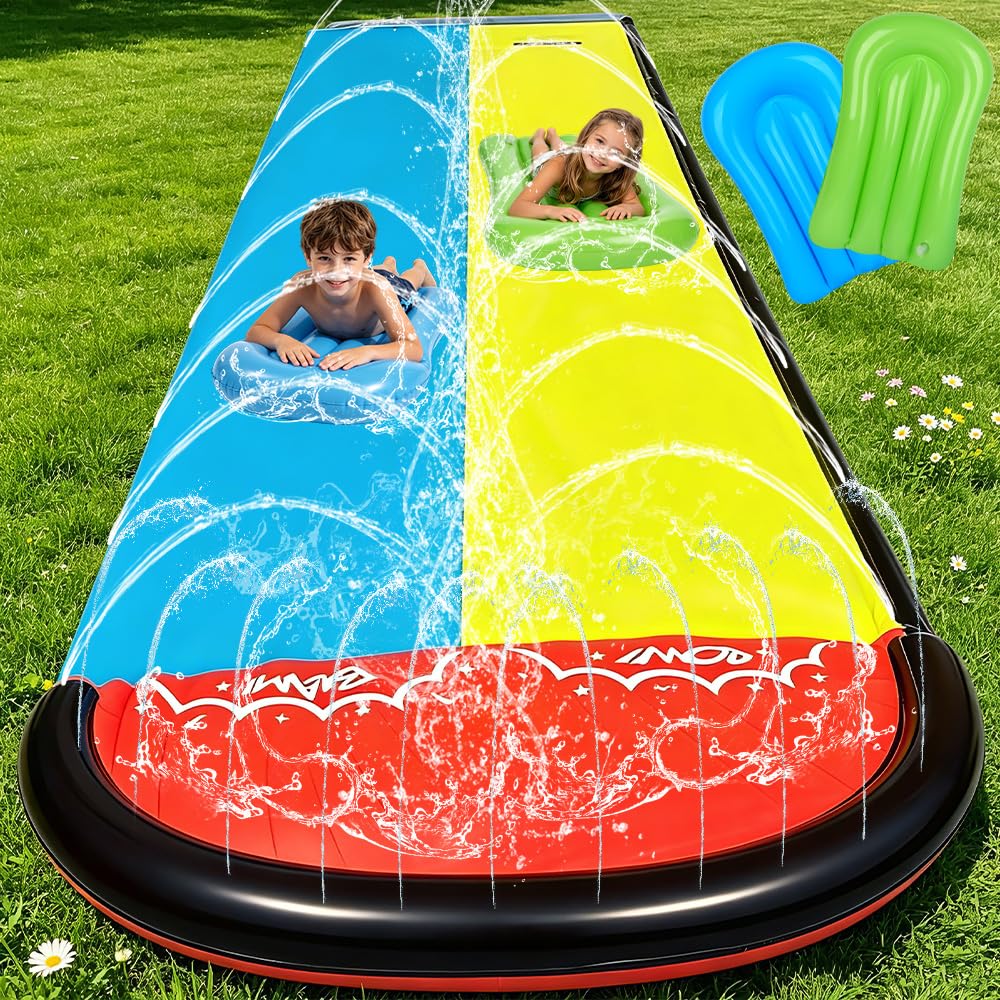 Foreverup 610CM Aufblasbare Wasserrutsche Garten für Kinder mit 2 Bodyboards Doppelrutsche