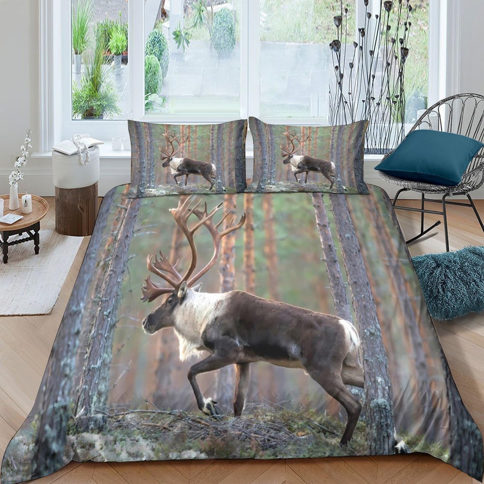 Ctjqhvkz Style-7 3D Printed Forest Reindeer Fitted Sheet Microfiber Soft Anti-Slip Nordic Elk Mattress Cover Bedroom Decor Single（135X200cm）