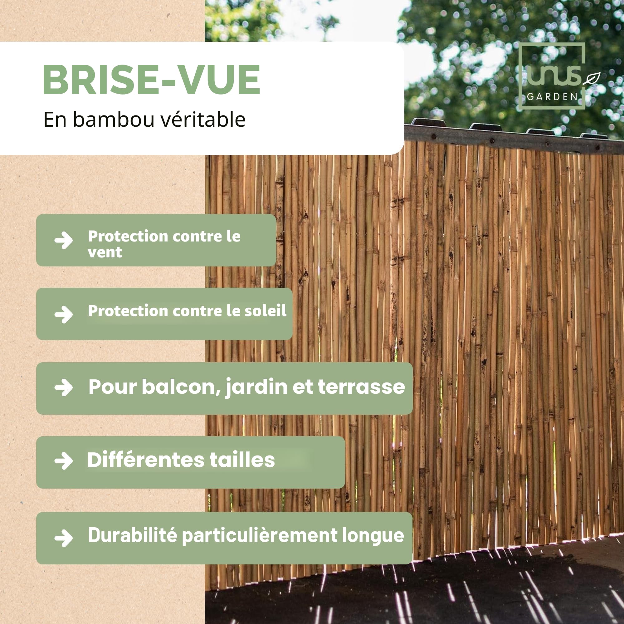 Brise-vue en bambou UNUS Différentes tailles disponibles Clôture pour terrasse, balcon et jardin Coupe-vent