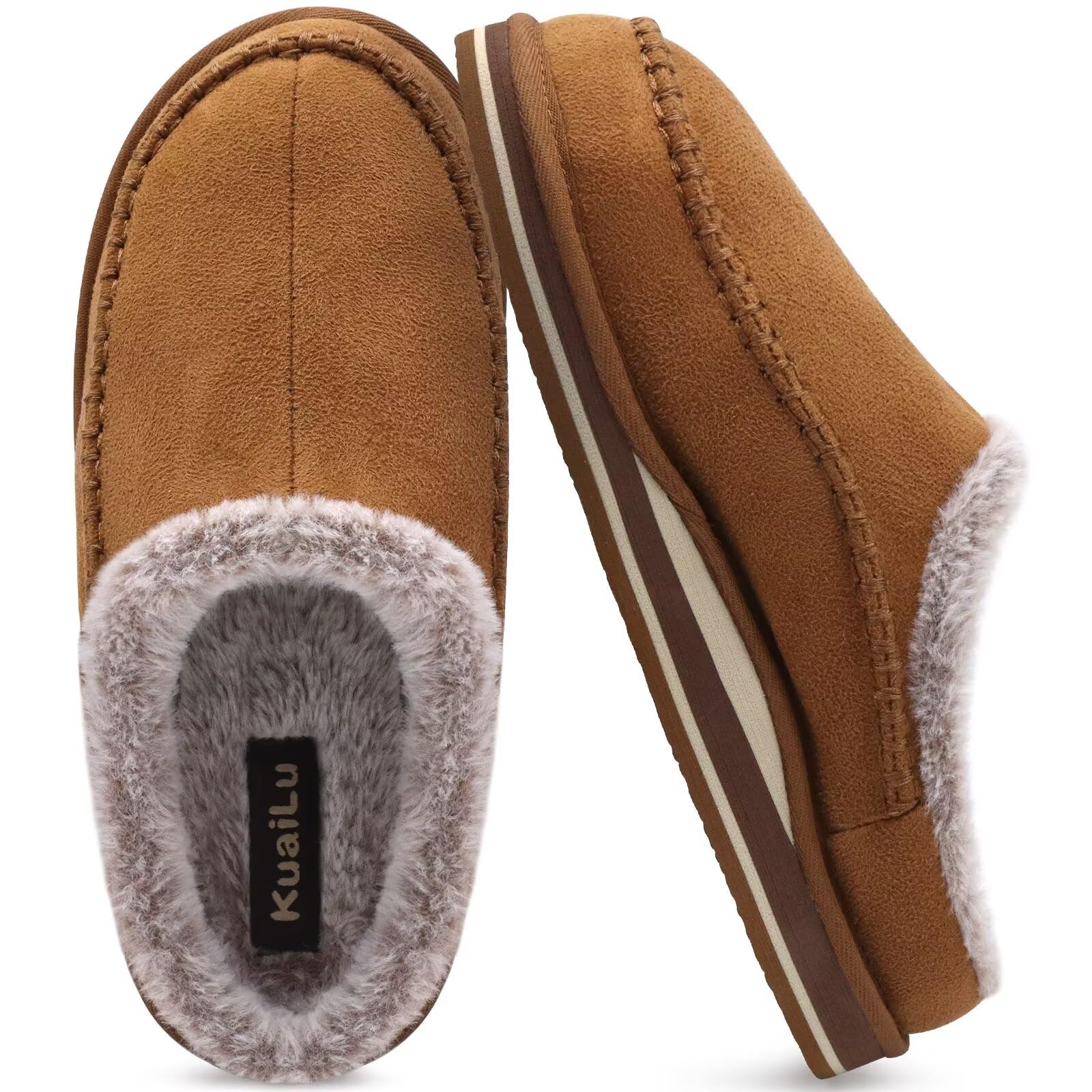 Mens Clog Slippers with Arch Support Suede Faux Fur Memory Foam Warm House Shoes Comfortable Slip-on Mans Bedroom Indoor Outdoor Slippers Rubber Sole