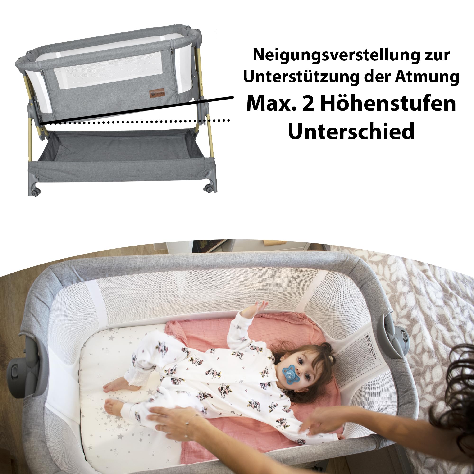Twinly – Beistellbett Baby Comfortly mit Rollen | Klappbar & Höhenverstellbar (5 Stufen), Atmungsaktiv ab 0+ Monate bis 9 kg, inkl. Matratze, Laken & Tasche – Ohne Montage (Beige) | Höhenverstellbar und Anti-Rückfluss-Funktion, inklusive Matratze, Bettlak