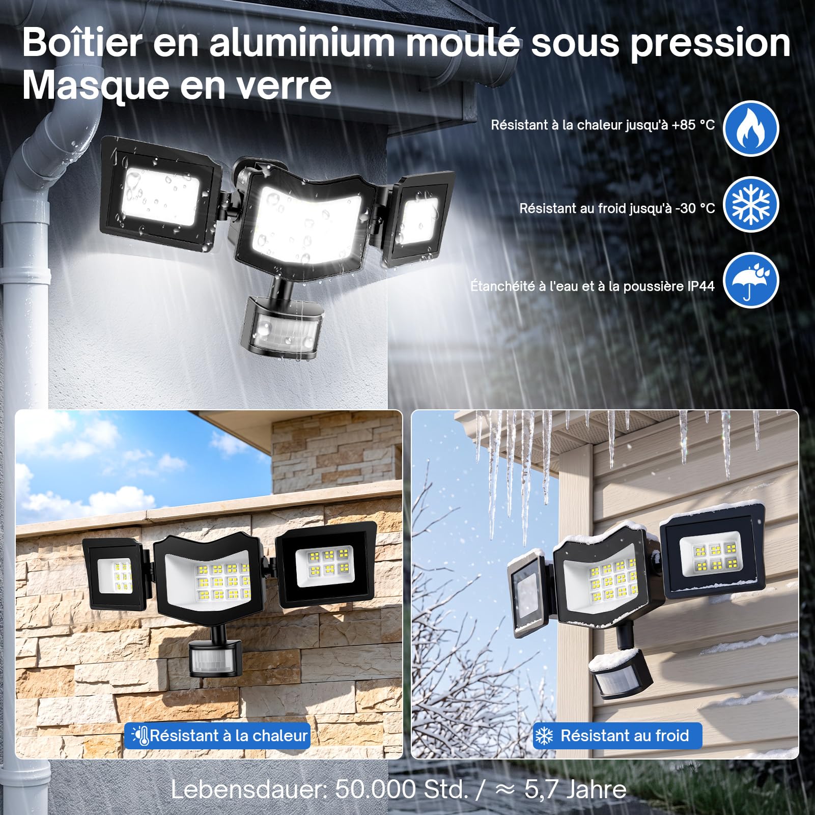 Projecteur LED avec détecteur de mouvement extérieur 100 W, 3 têtes