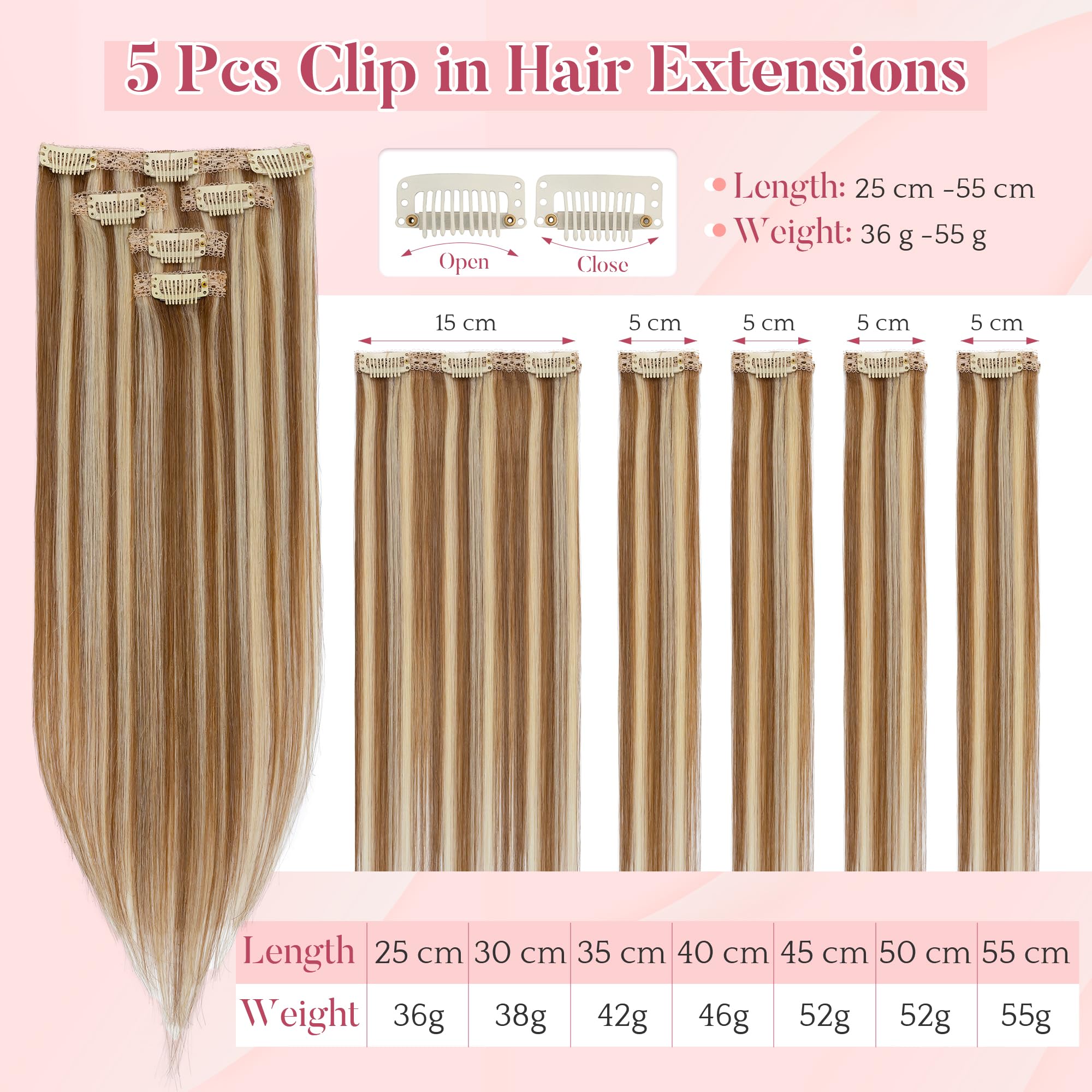 SEGO Extension Capelli Veri Clip 50 cm Set da 5 Ciocche Extension Clip Capelli Veri Remy Human Hair Naturali #6P613R Castano chiaro & biondo