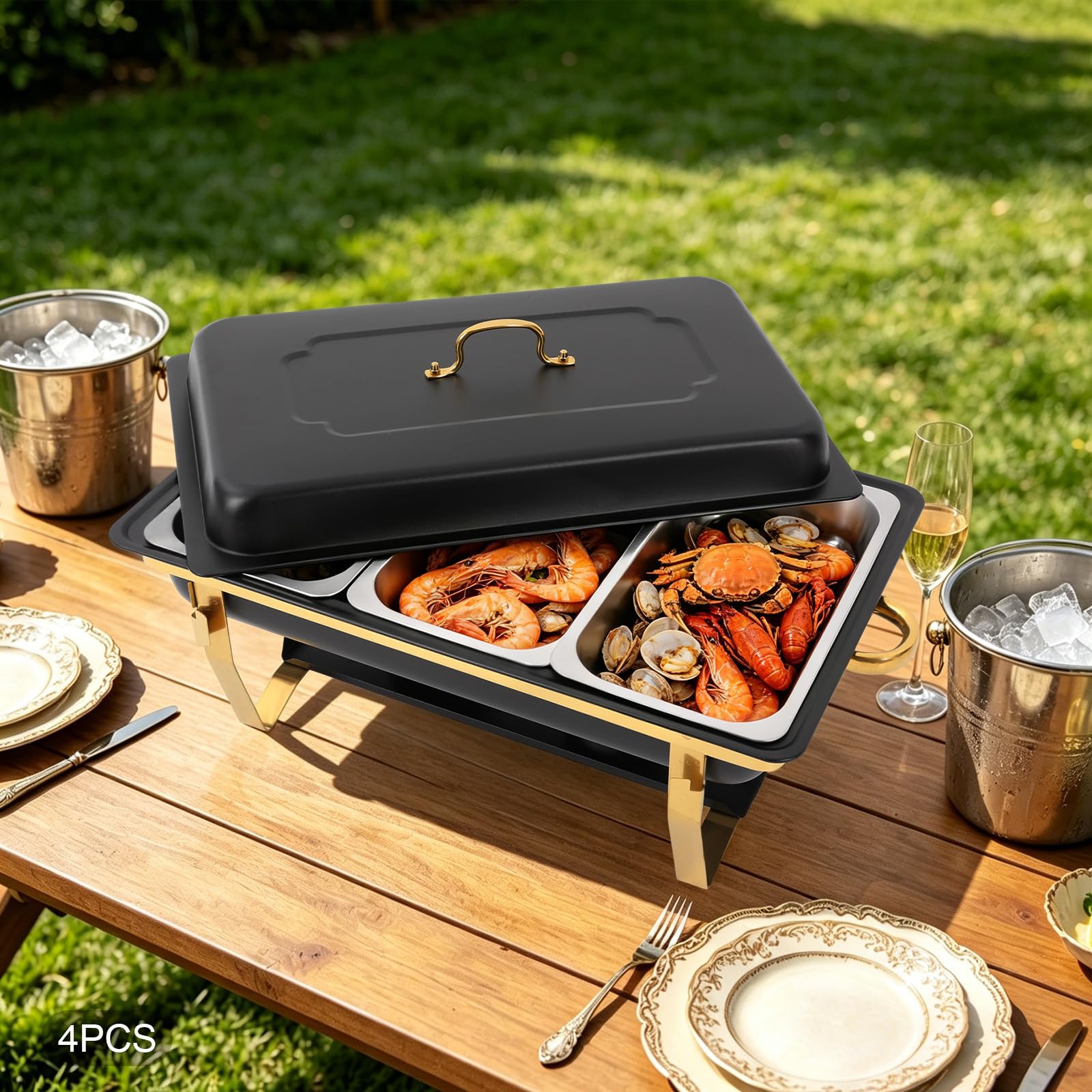 Chafing Dish zestaw pojemników do podgrzewania, zestaw 4 pojemników do podgrzewania potraw ze stali nierdzewnej, 2 x pojemniki GN 1/1, 2 x pojemniki GN 1/2 i 3 x pojemniki GN 1/3, podgrzewacz do