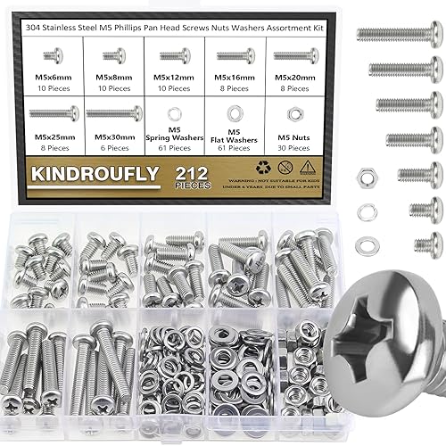 Juego de 212 tornillos Phillips M5 x 681216 20251.181 in Phillips Tornillos de máquina de cabeza cacerola Kit surtido de tuercas y arandelas de